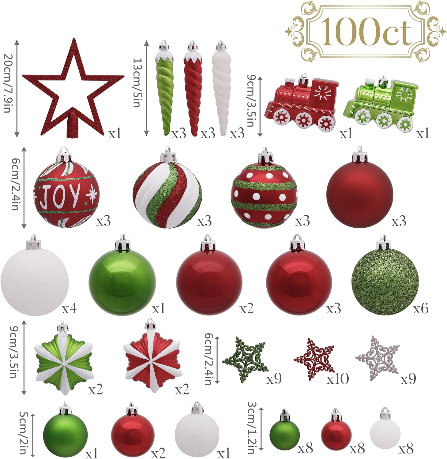 Christmas Ornaments Set, 100ct Red Green White Shatterproof Christmas Tree Decorations Variety Ball Ornaments Bulk
