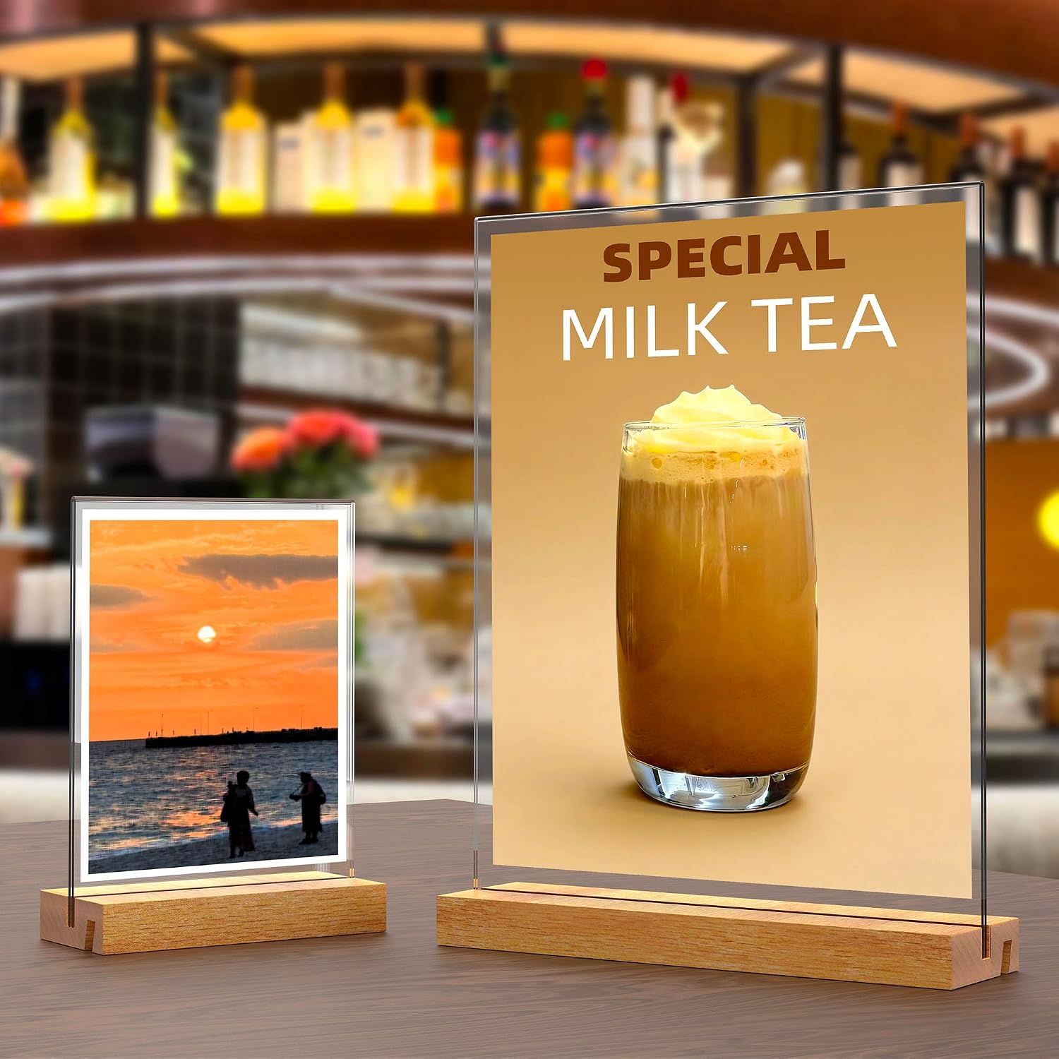 Acrylic Sign Holder with Wood Base 8.5x11 Inch Vertical and Slant Displays (2 Pack 8.5*11")