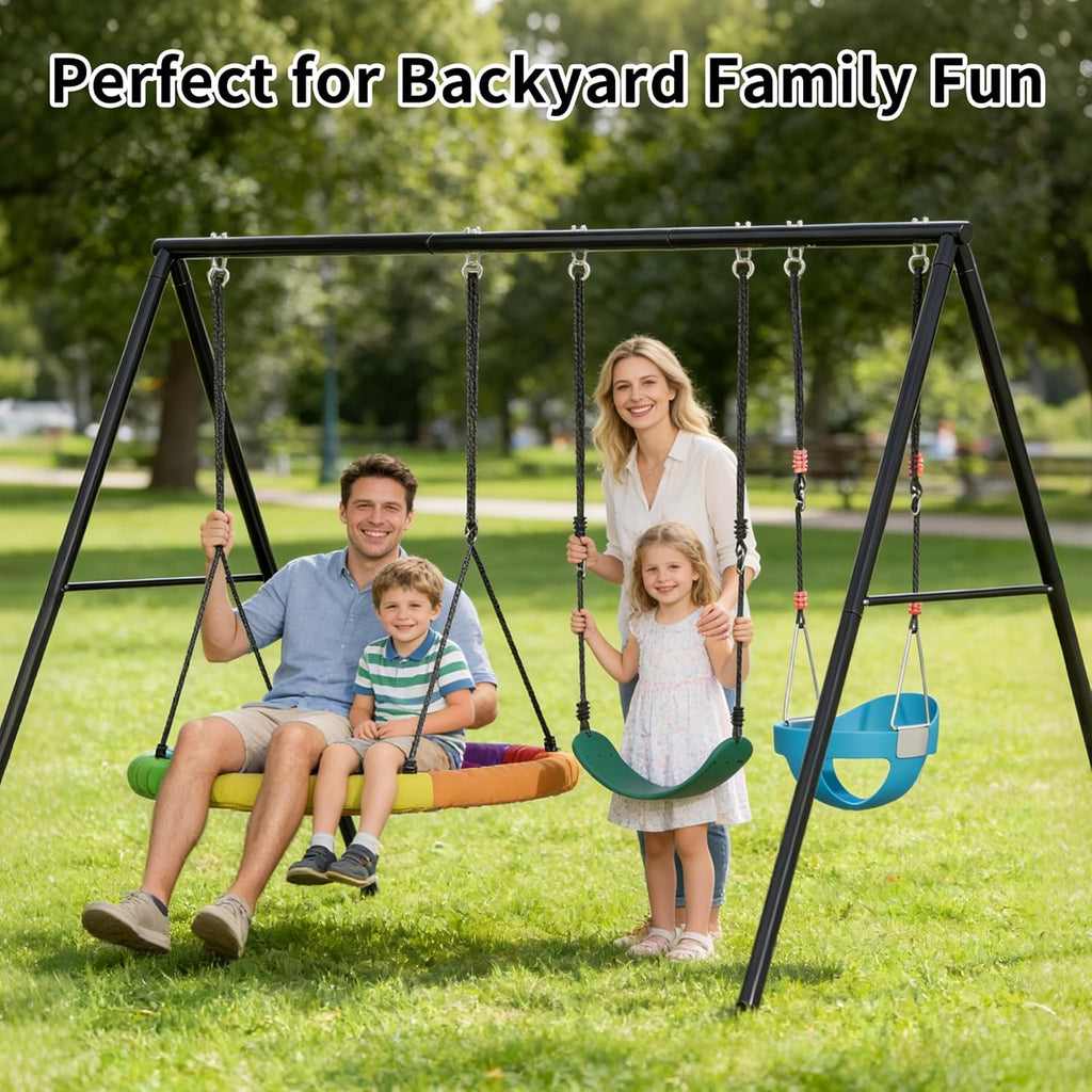 440lbs Swing Frame Set with Stand–Saucer Swing, Belt Swing & Baby Swing, Heavy Duty Metal Swing Set with Adjustable