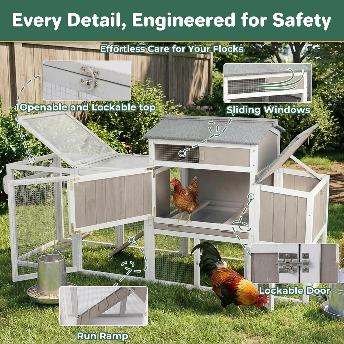 Chicken Coop with Wheels, Weatherproof Large Hen House Mobile Chicken Tractor with Nesting Box, Roosting Bars