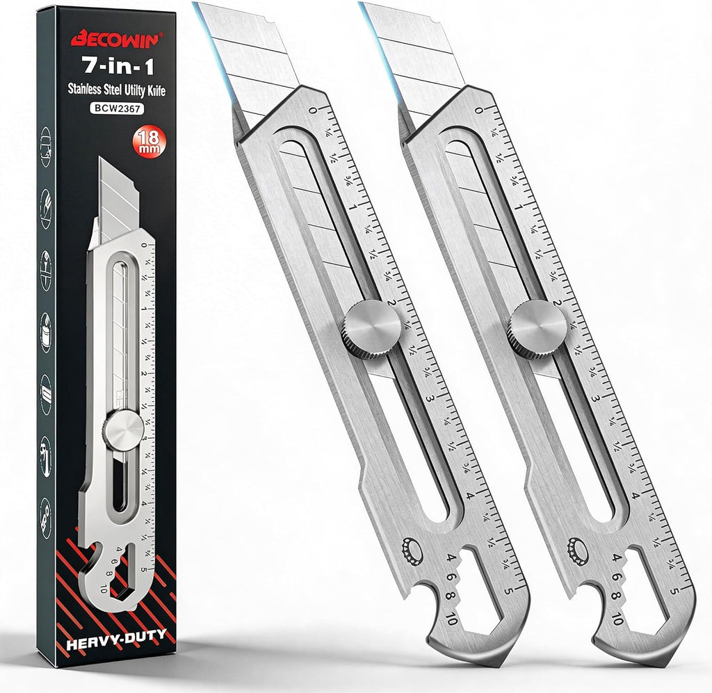 2PC 7-in-1 Stainless Steel Utility Knife, 18mm Snap-Off Box Cutter