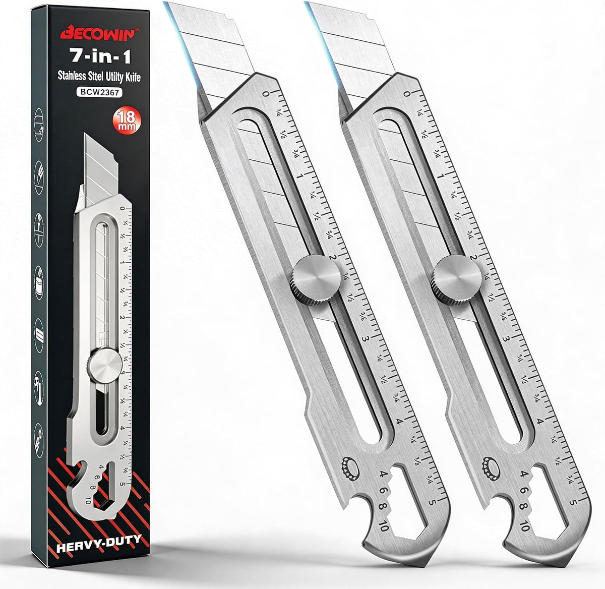 2PC 7-in-1 Stainless Steel Utility Knife, 18mm Snap-Off Box Cutter