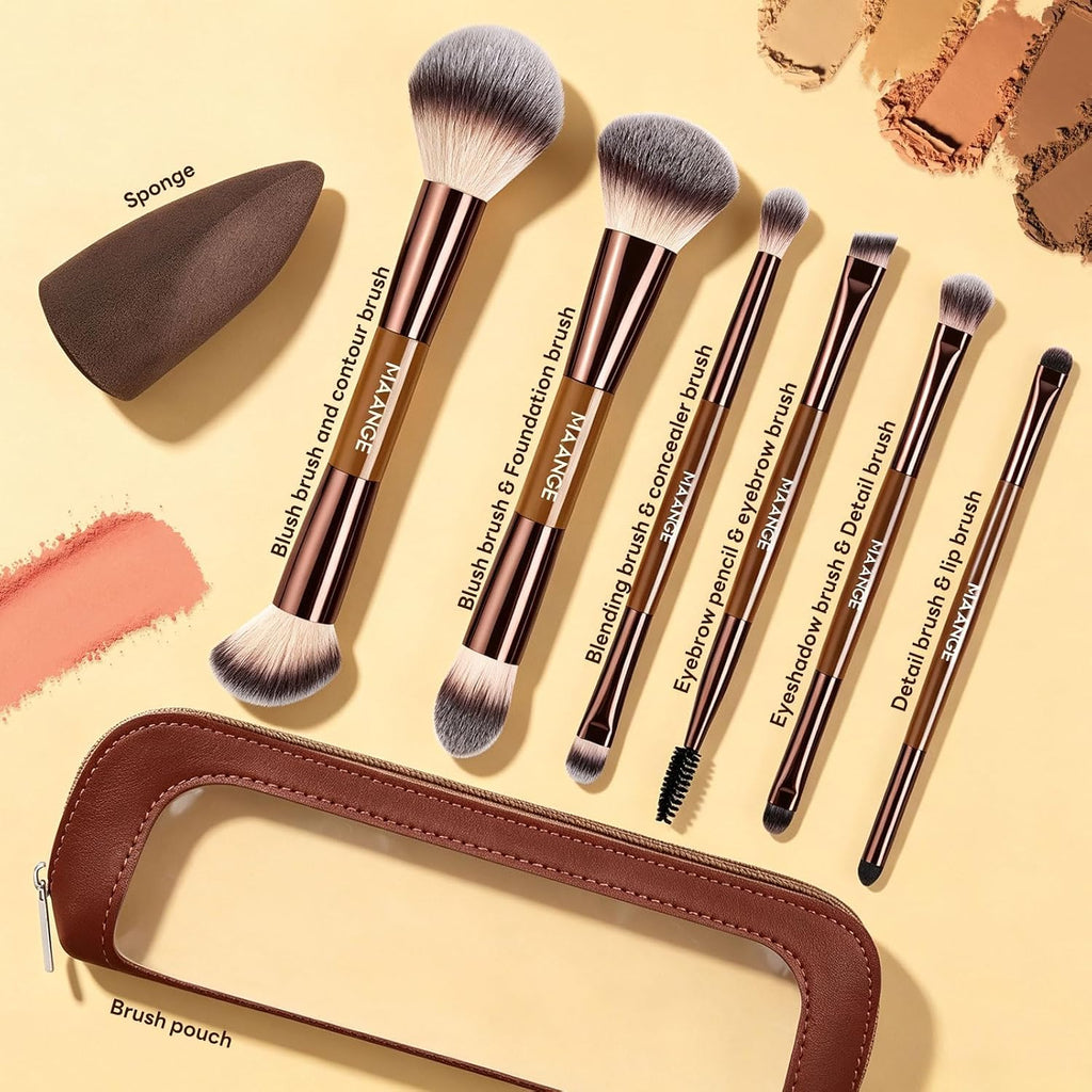 6Pcs Double Ended Makeup Brush Set with Makeup Sponge & Travel Bag