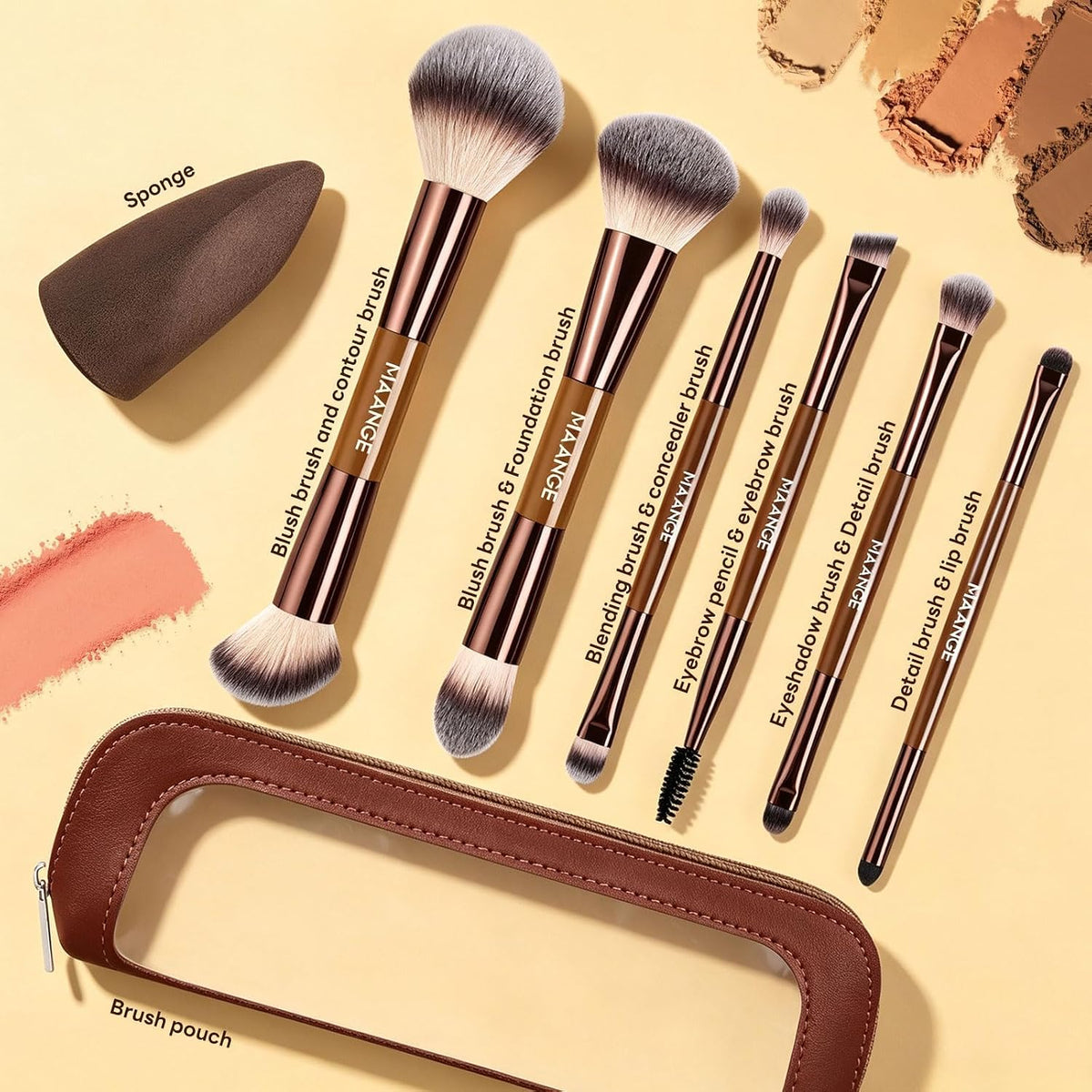 6Pcs Double Ended Makeup Brush Set with Makeup Sponge & Travel Bag