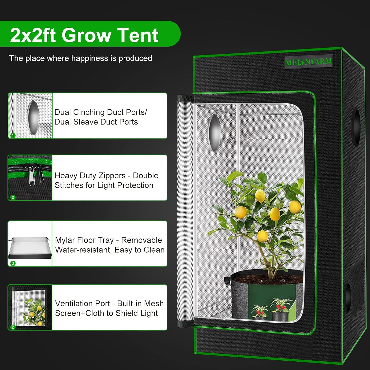 2x2 Grow Tent, 24"x24"x36'' High Reflective 600D Diamond Mylar Canvas with Observation Window and Floor Tray for