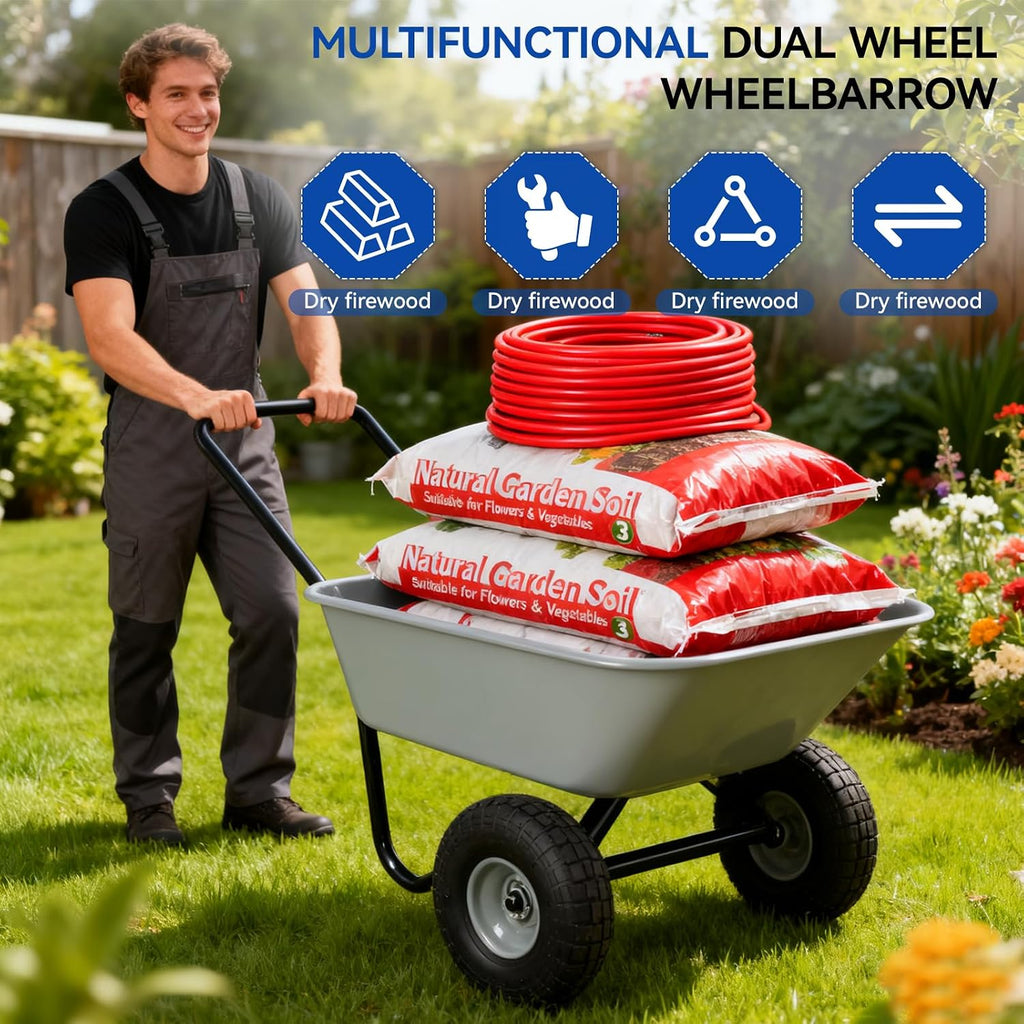Dual Wheel Garden Wheelbarrow,Heavy Duty Yard Cart with 10“/15" Pneumatic Tires, Rustproof Poly Tray & Steel Handle