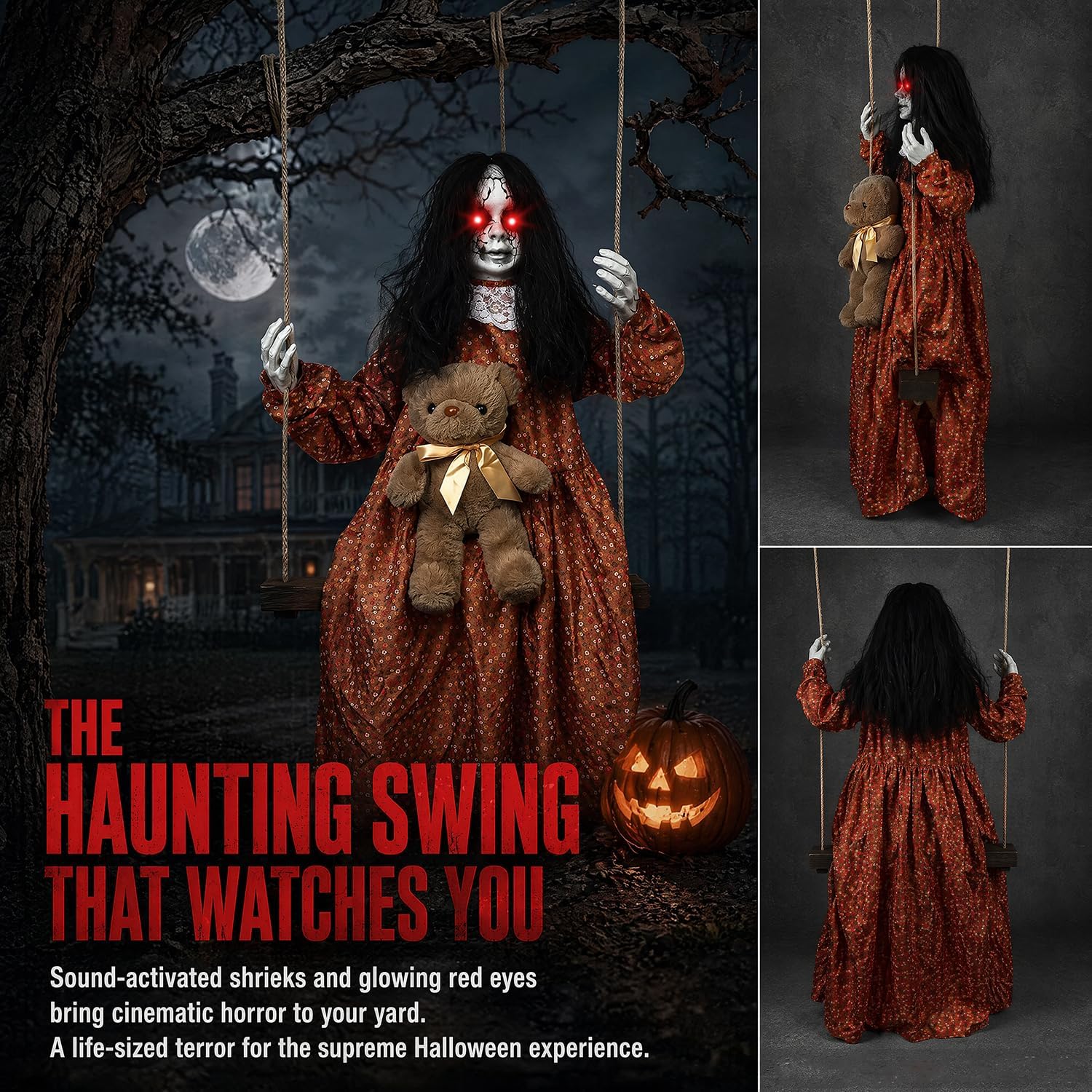 3.9 Ft Halloween Decorations Animatronics Hanging Swinging Girl with Creepy Sound/Light Up Eyes/Scary Expression