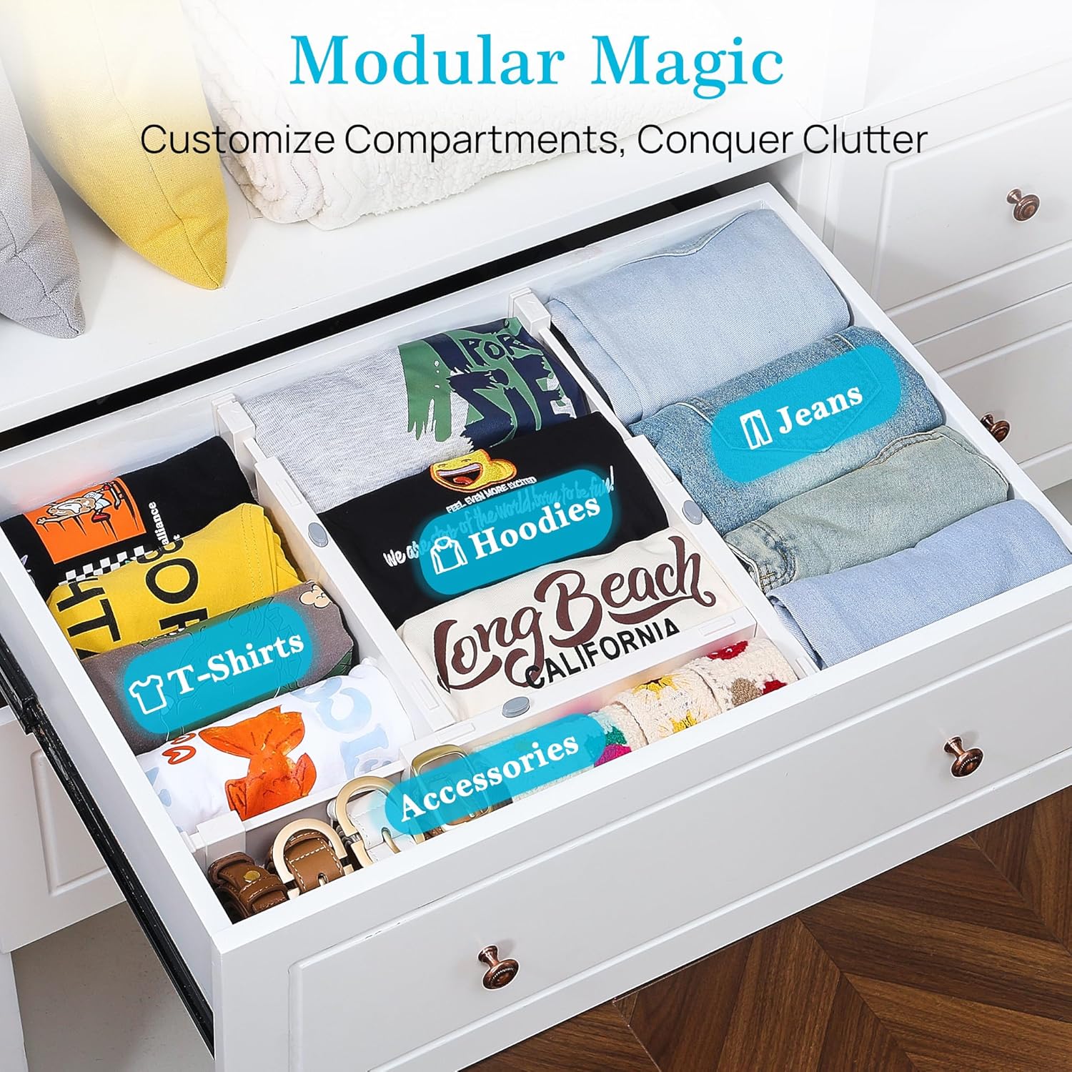 Drawer Dividers for Clothes 8 Pack, Adjustable 4" High Expandable from 11.3"-17" Dresser Drawer Organizer, Plastic
