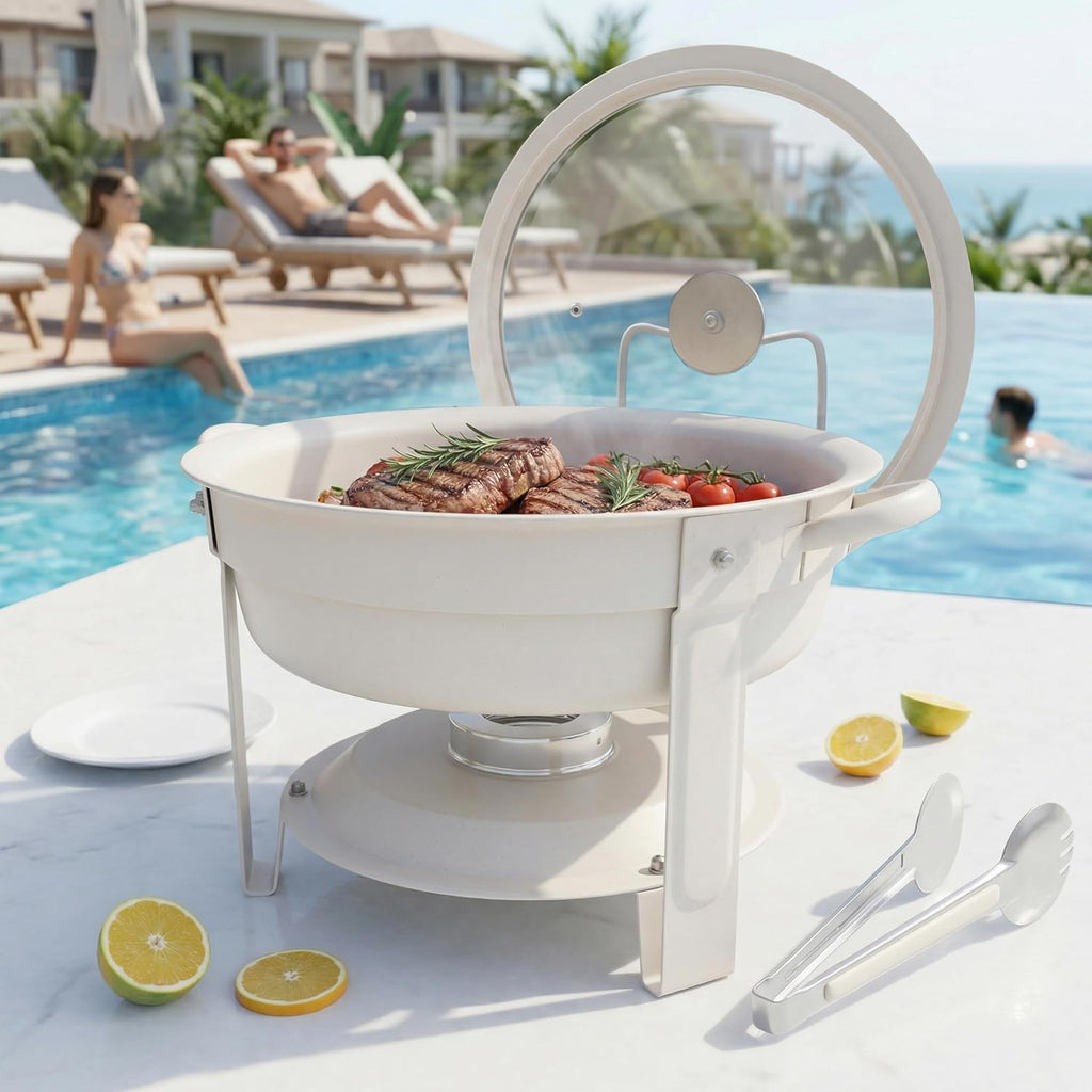 Chafing Dishes for Buffet, 6QT Round, White Granite, 4 Pack | Granite-coated stainless steel pans, clear white