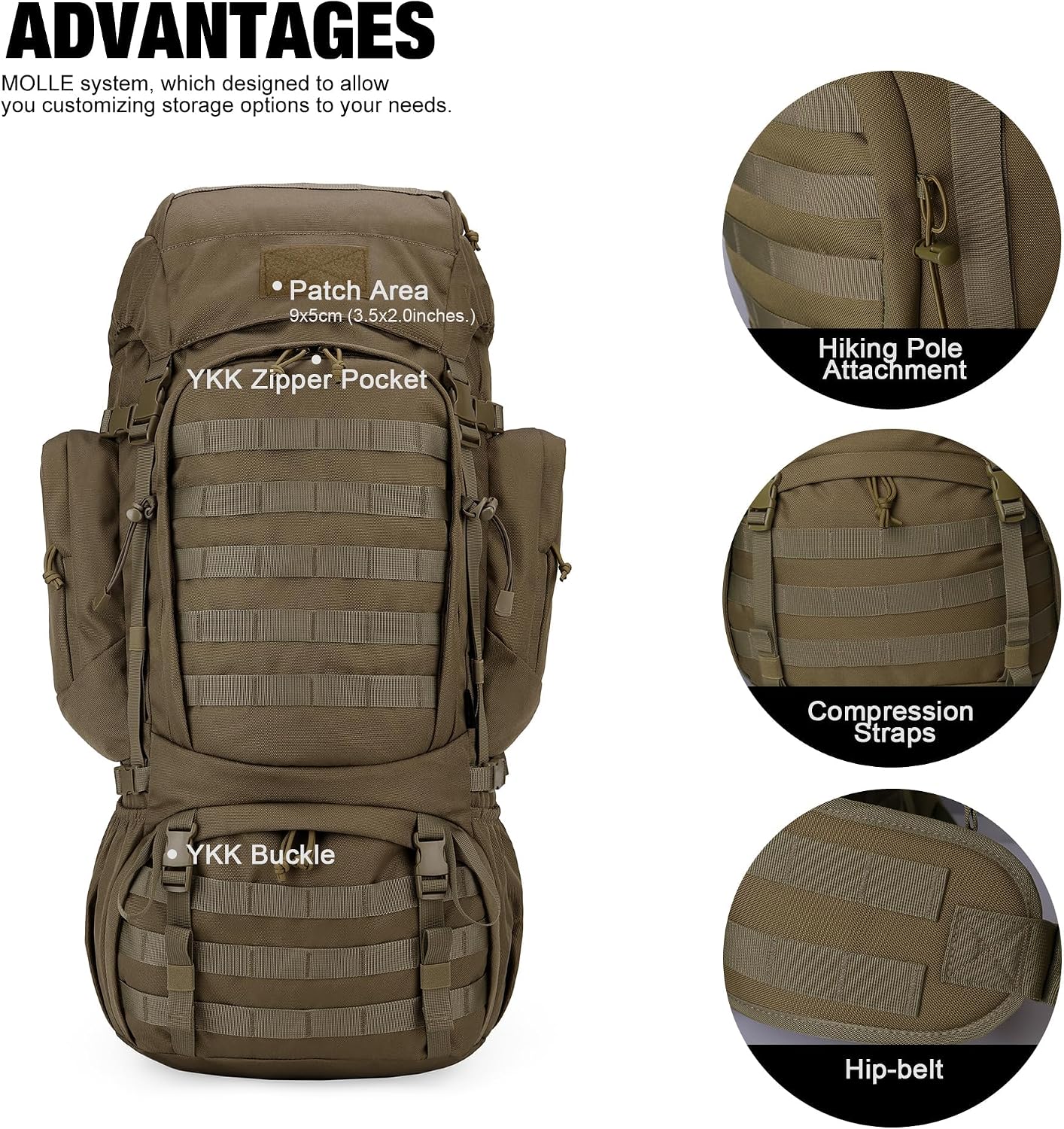 60L Military Internal Frame Backpack for Hiking,Camping,Hunting,Rucksack Backpack with Rain Cover