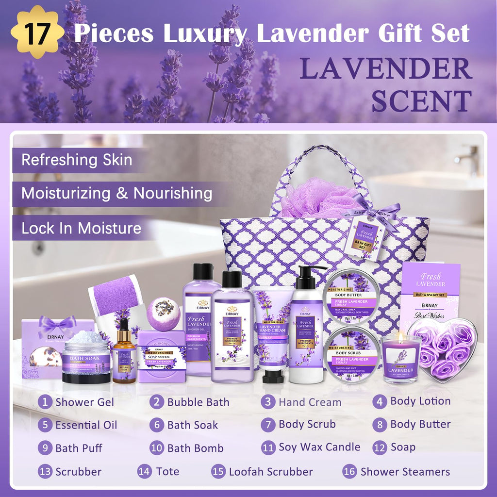 Gift for Women, Spa Gift Baskets for Women - 17pcs Lavender Sets with Body Lotion, Bubble Bath, Relaxing Bath Sets