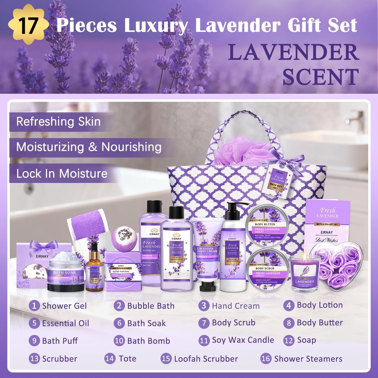 Gift for Women, Spa Gift Baskets for Women - 17pcs Lavender Sets with Body Lotion, Bubble Bath, Relaxing Bath Sets