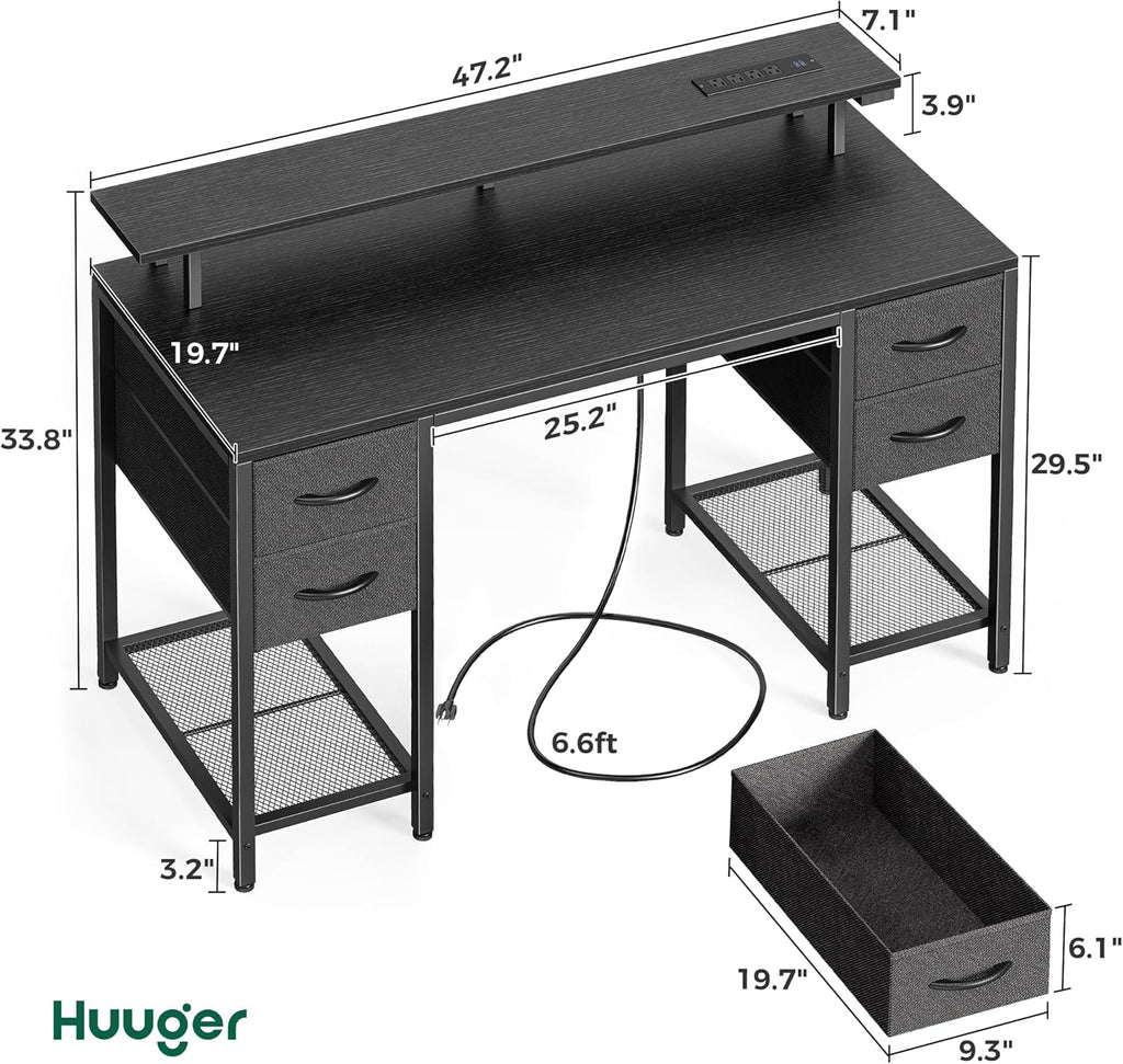 47 inch Computer Desk with 4 Drawers, Gaming Desk with LED Lights & Power Outlets, Home Office Desk with Large