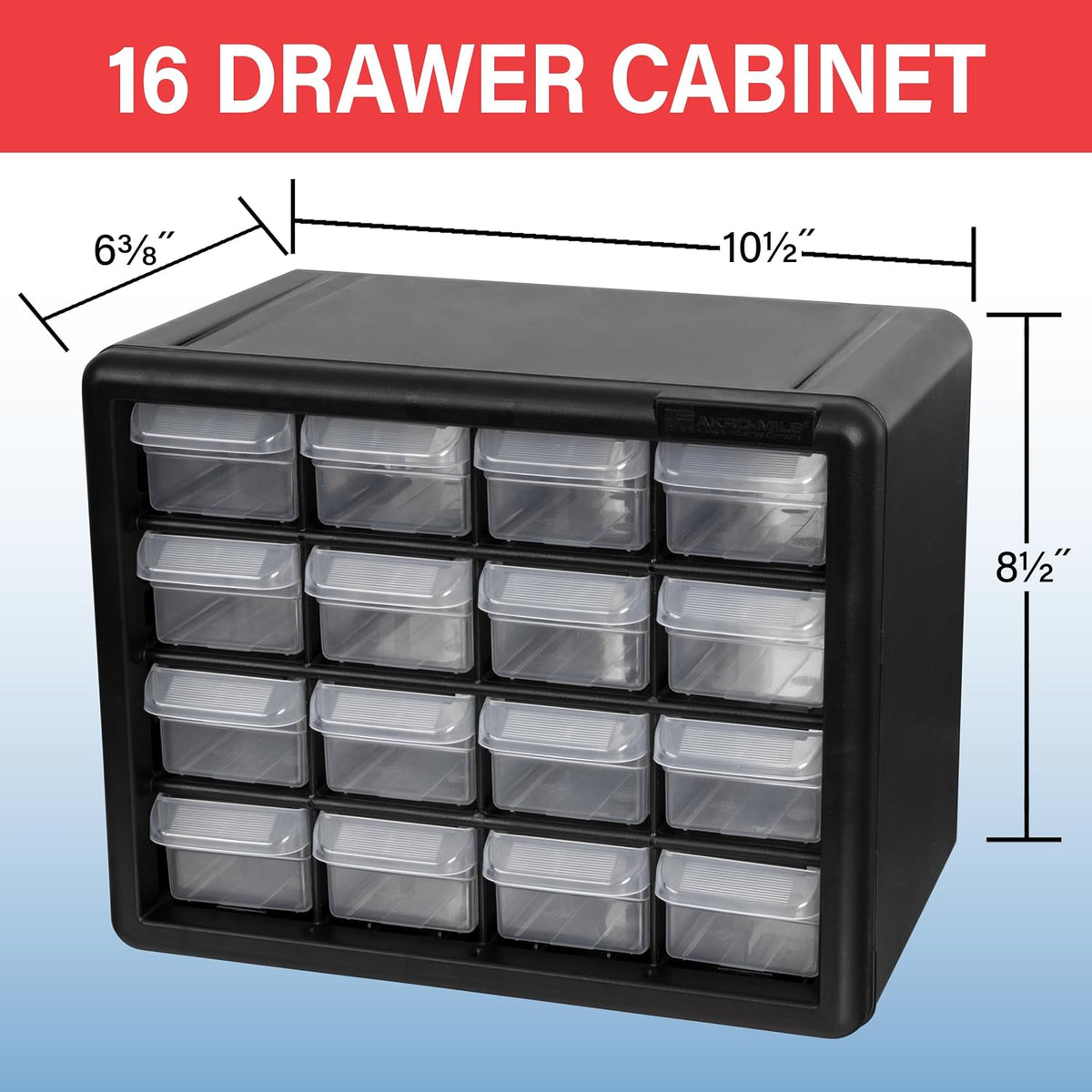 16-Drawer Plastic Storage Cabinet, 10.5"W x 6.5"D x 8.5"H, Black