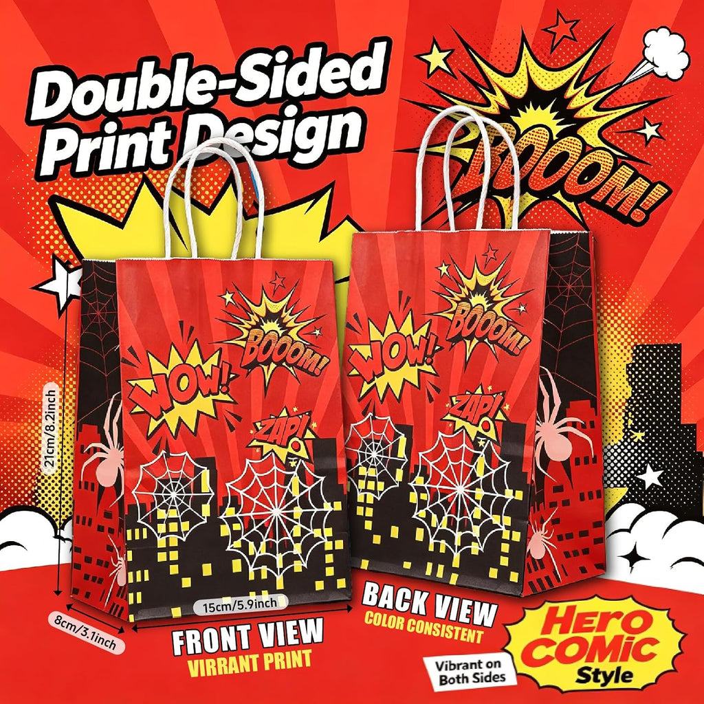 24Pcs Spider Party Paper Gift Bags, 6 Comic Designs with Handles