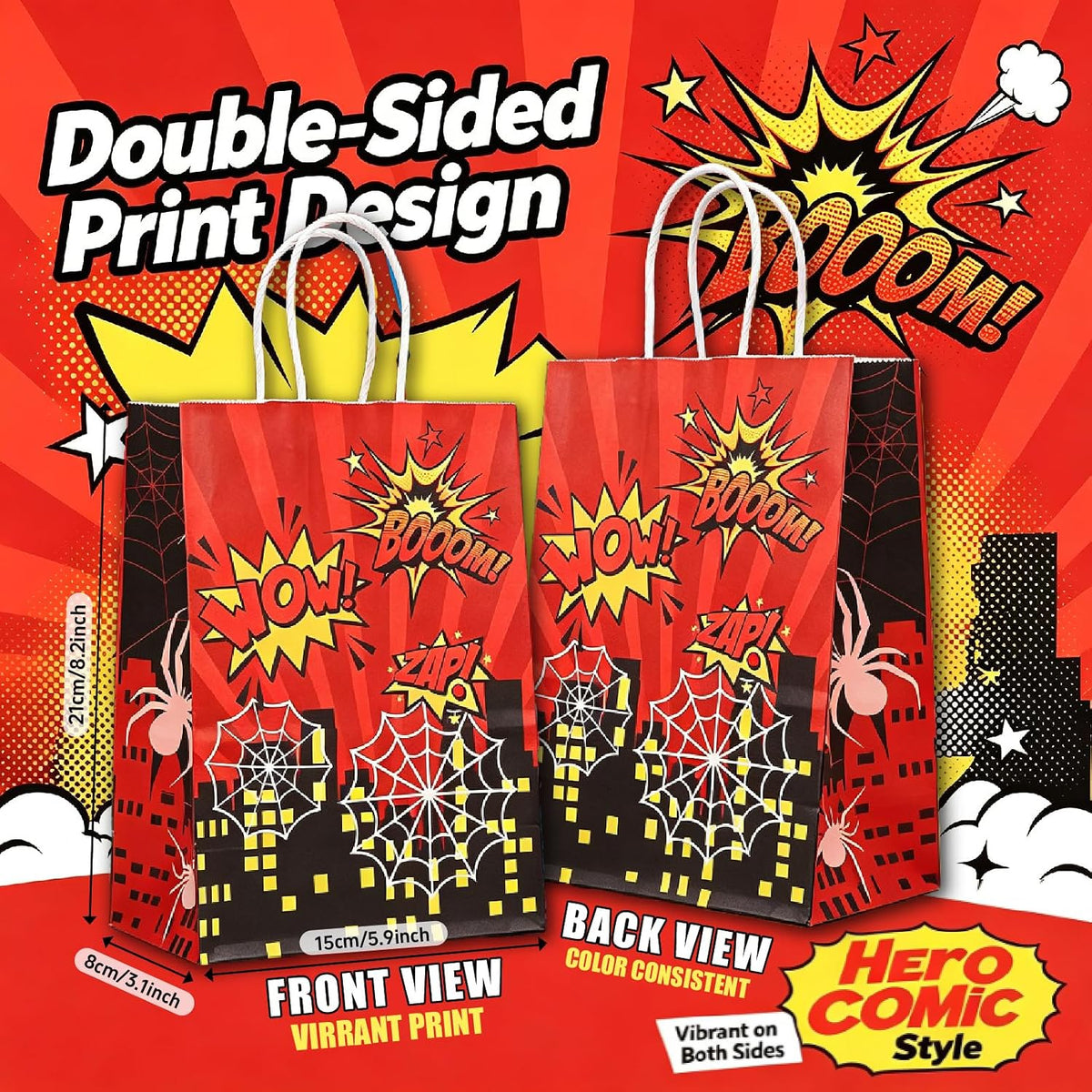 24Pcs Spider Party Paper Gift Bags, 6 Comic Designs with Handles