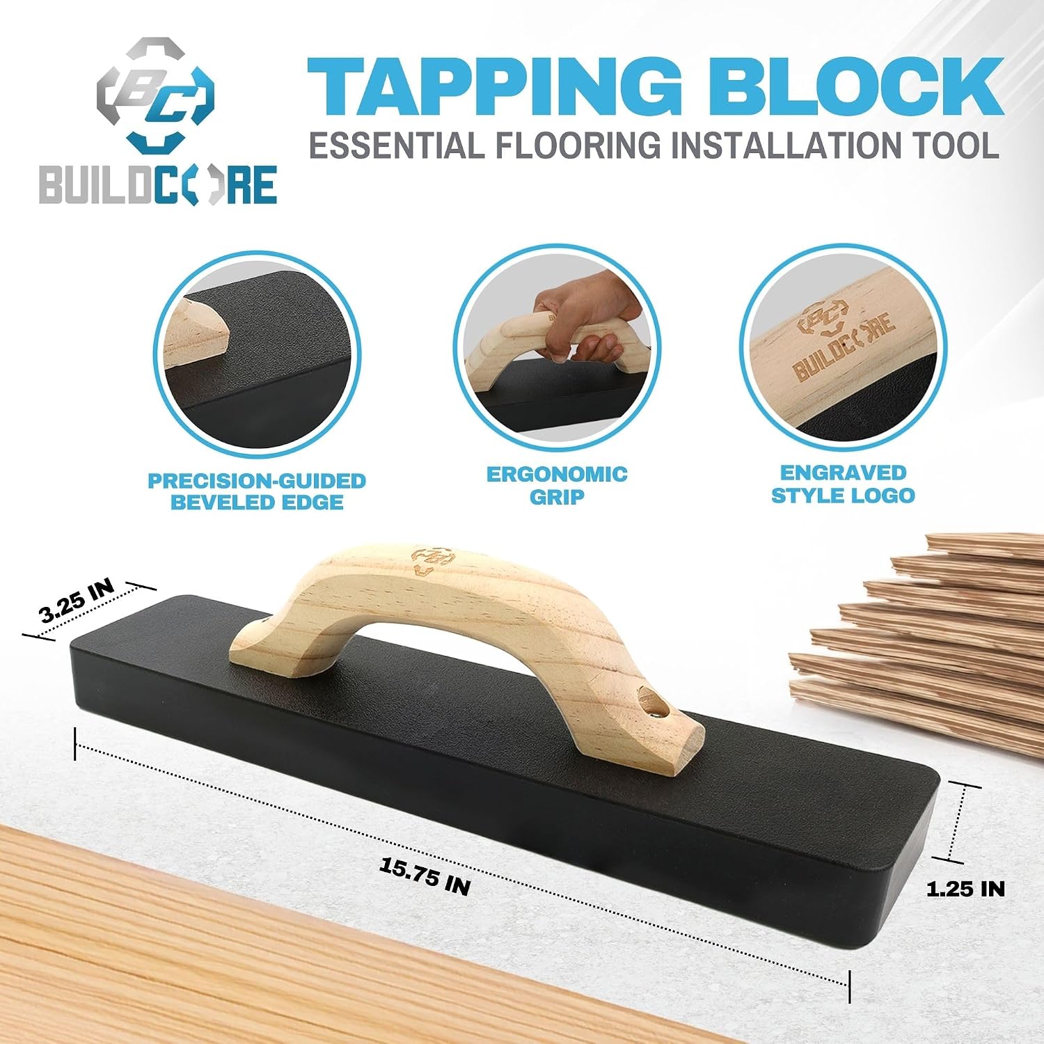 Professional Tapping Block for Laminate & Vinyl Plank Flooring Installation - Heavy Duty Wood Handle Tool for LVP