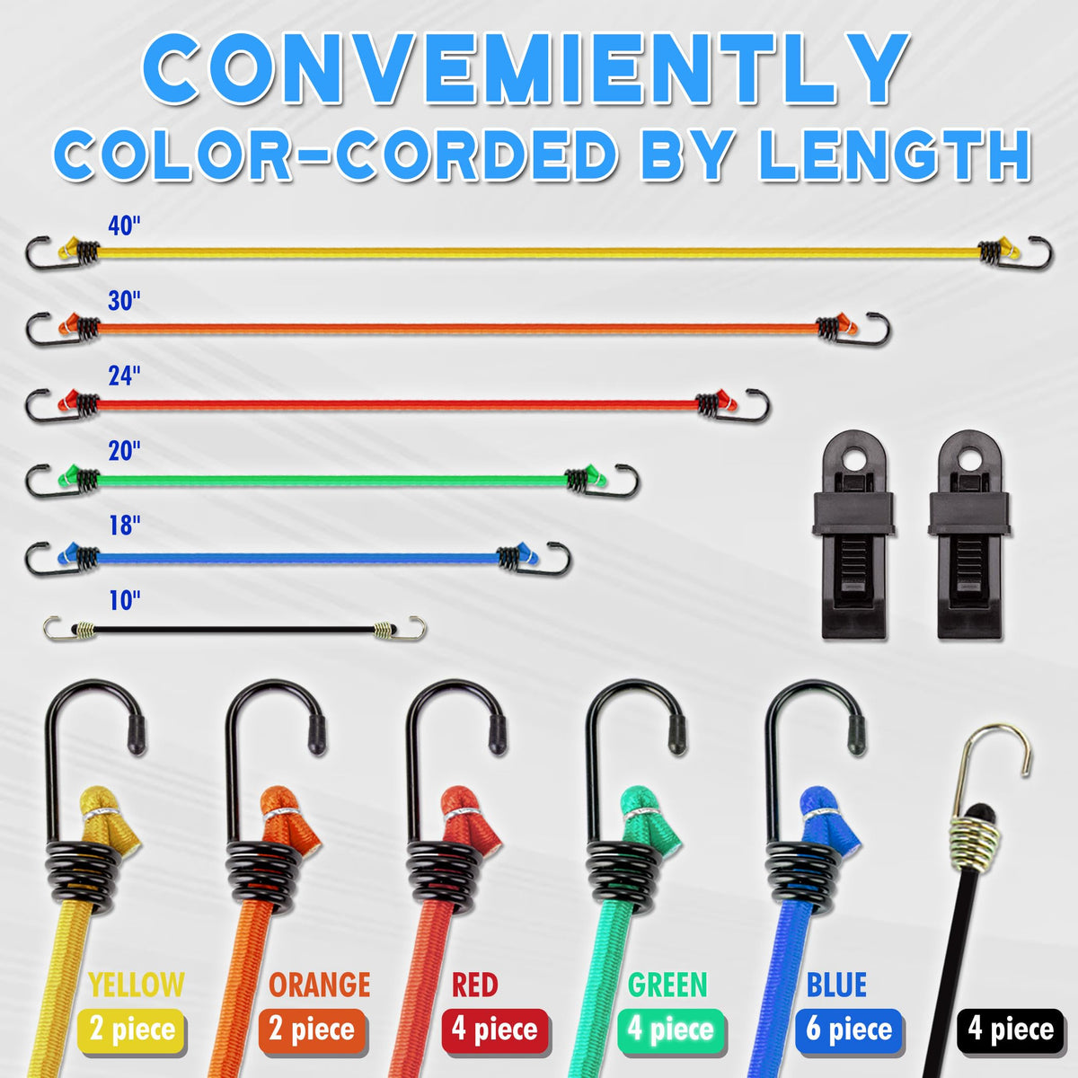 22-Piece Bungee Cord Assortment with Metal Hooks