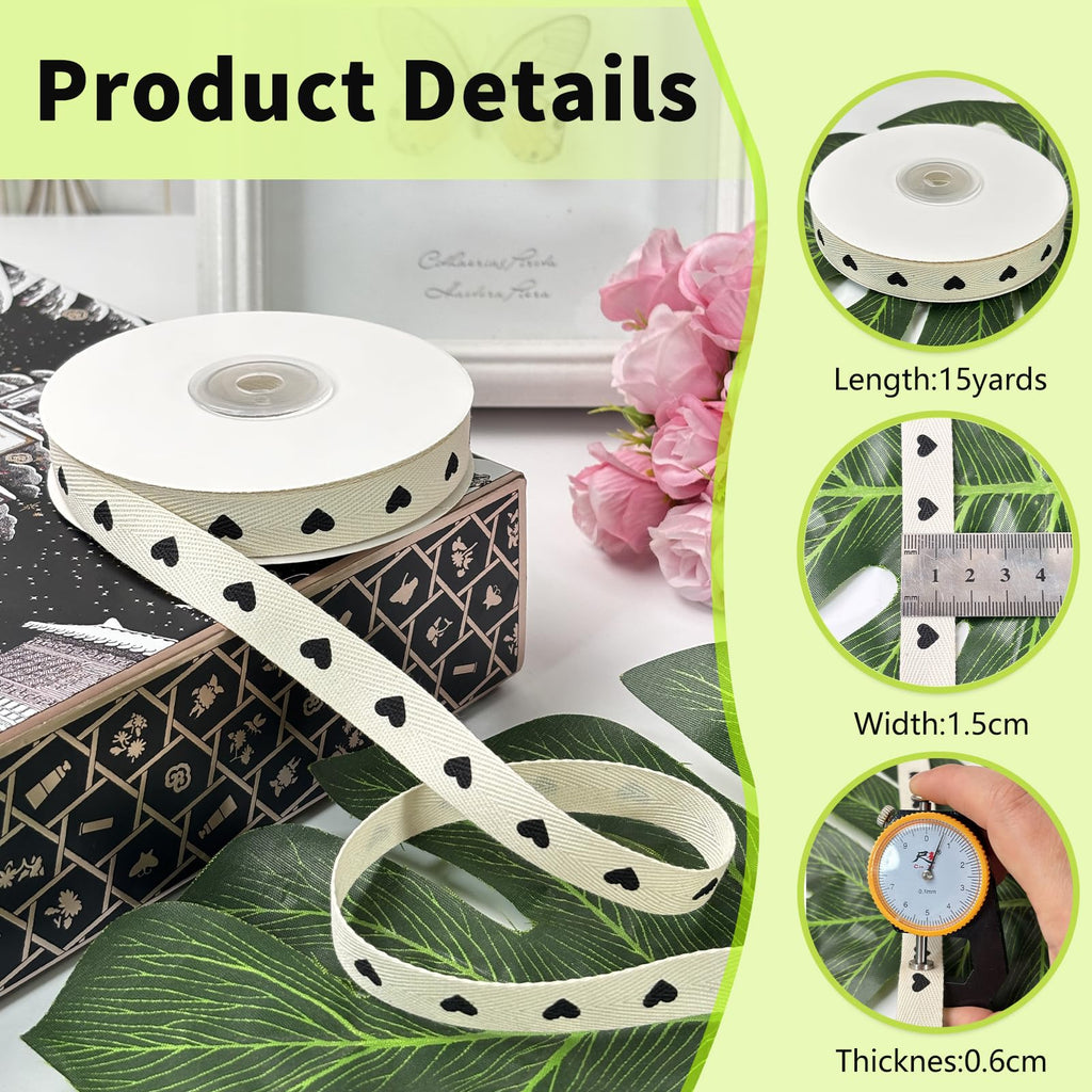 Cotton Herringbone Ribbon, 5/8" x 15yd, Heart Printed