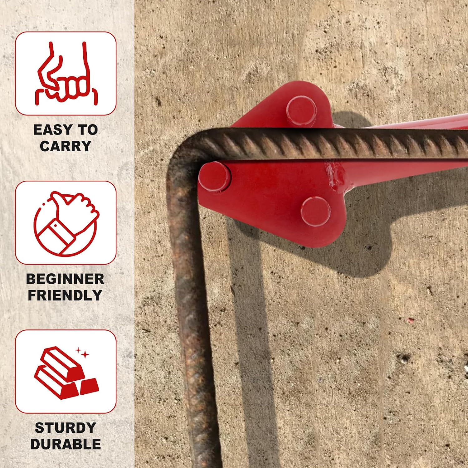 Manual Rebar Bender for 5/8" Rebar, Hand Operated Rebar Bending Tool | Rod Bending Tool for Rebar/Flat Steel Rod, Red