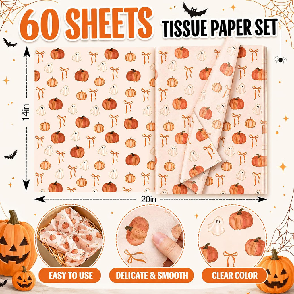 60 Sheets Halloween Tissue Paper, Orange Bow Ghost Pumpkin