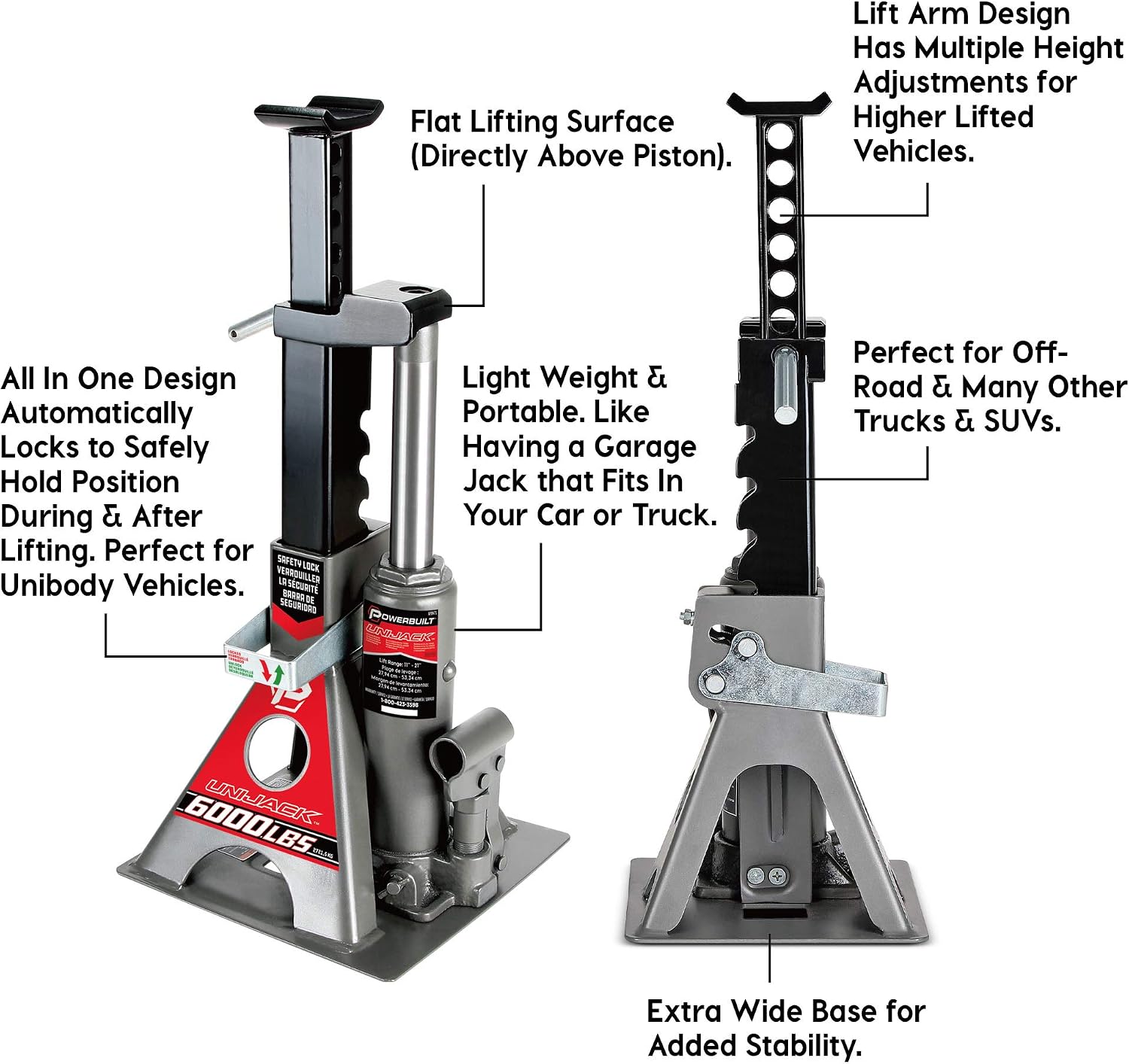 3 Ton, Bottle Jack and Jack Stands in One, 6000 Pound Capacity, All-in-One Car Lift, Heavy Duty Vehicle Unijack, Wide