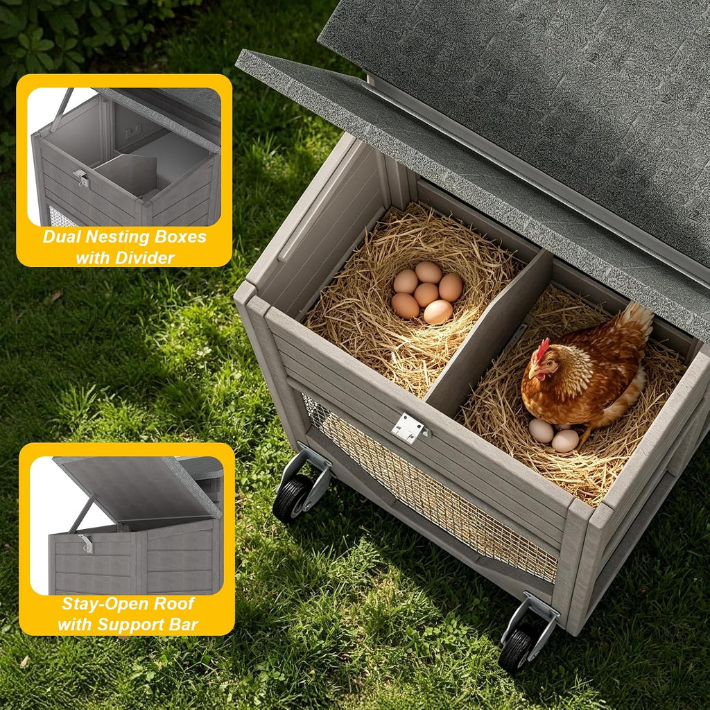 Large Wooden Chicken Coop with Run and Wheels, Grey
