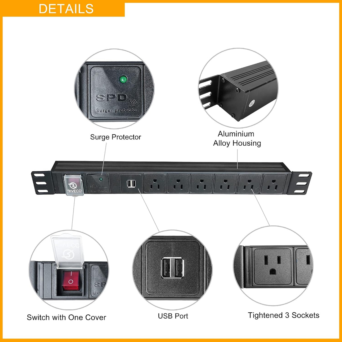 PDU 6 Outlets with 2 USB Ports, Flexible Rack Mount Power Strip for 19” Server Cabinet, with Surge Protector for