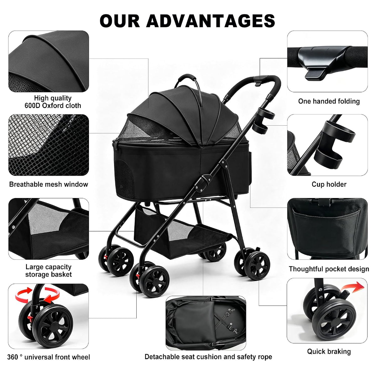 3 in 1 Dog Cat Stroller for Small Pet Up to 25 lbs & 25"