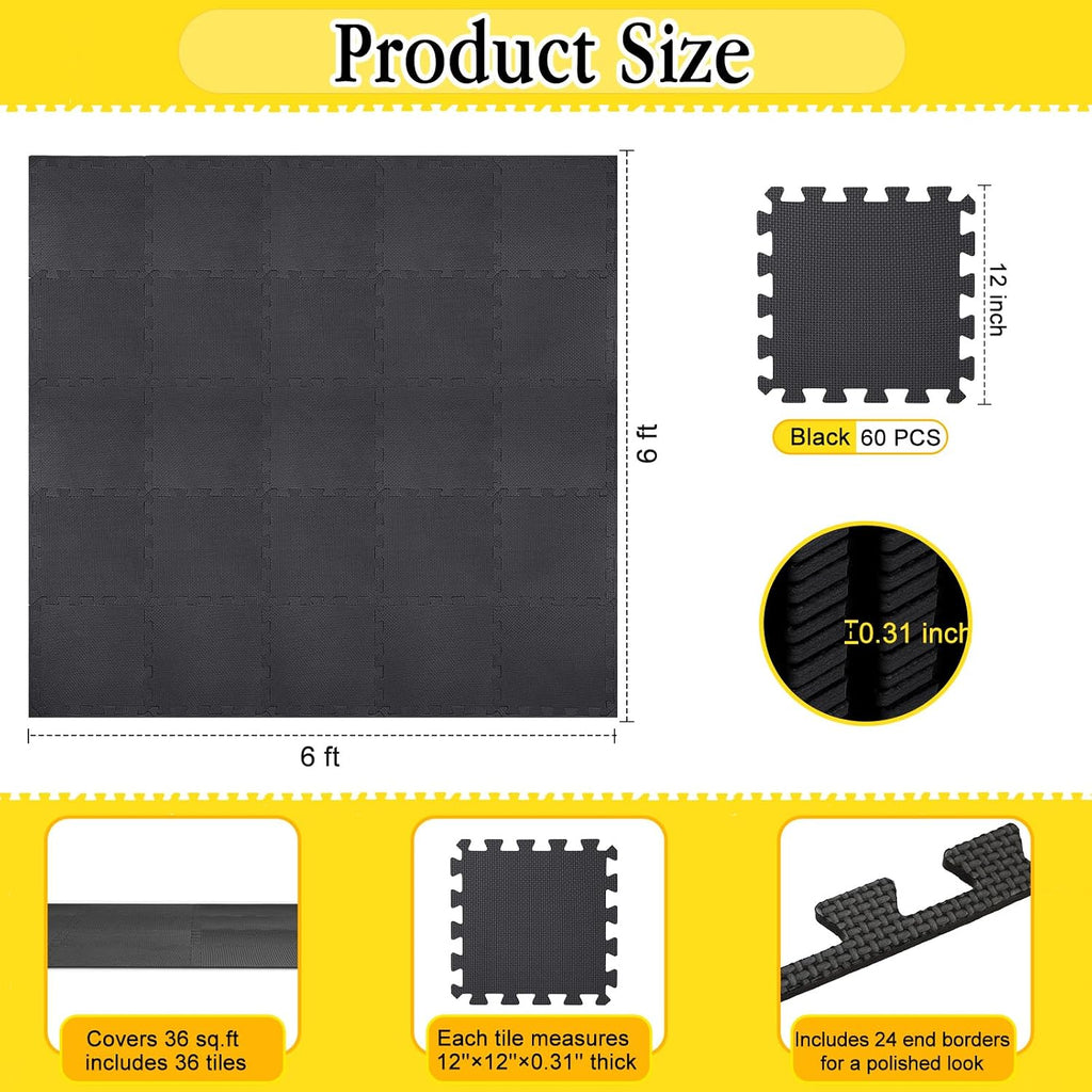 60 PCS Kids Foam Puzzle Mat,Black | 12 Inch, Solid Color Foam Play Mat Bulk, Multi-Use Floor Rug, with Borders