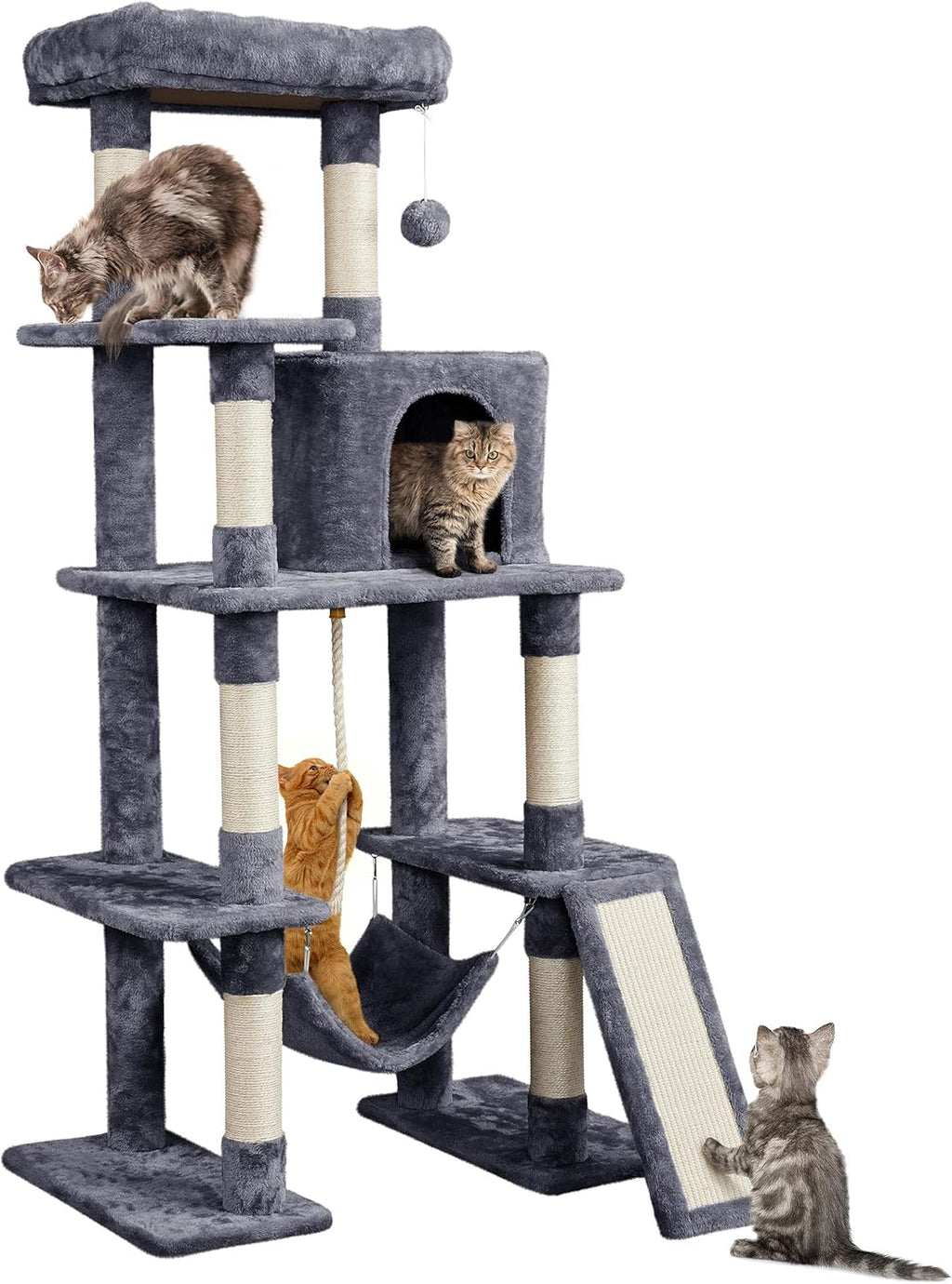 Yaheetech 63in Large Cat Tree for Heavy Cats up to 22lbs, Anti-Wobble Tower with Condo & Hammock, Space-Saving for