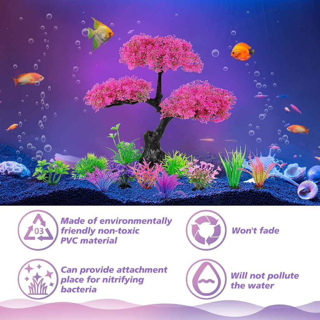 Pink Artificial Plastic Tree Aquarium Plants Decor Set, 11PCS | Soft Cherry Blossom Tree Fish Tank Decorations, Betta