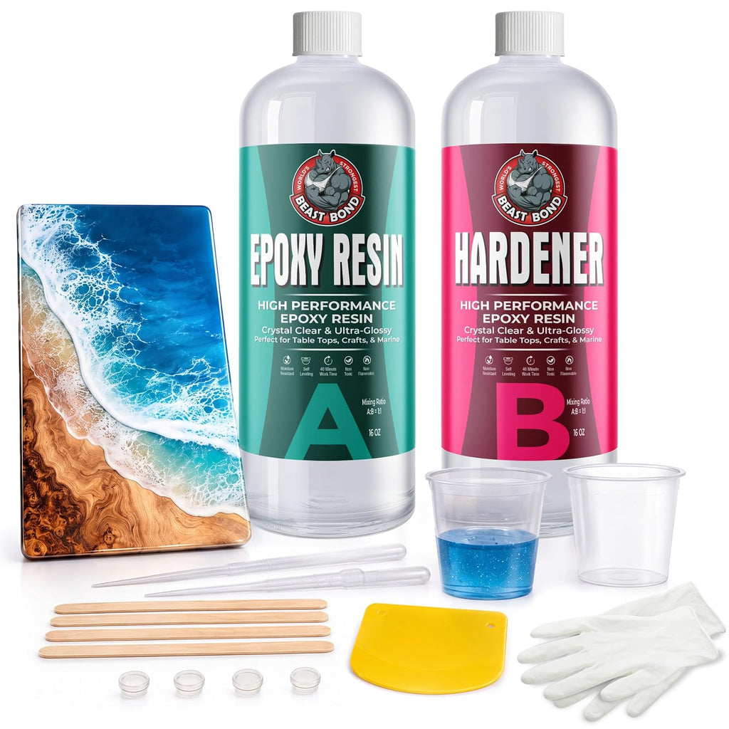 Crystal Clear Epoxy Resin Kit 32oz, Self-Leveling, Ultra-Glossy, Bubble Free, UV & Moisture Resistant Resin Kit for
