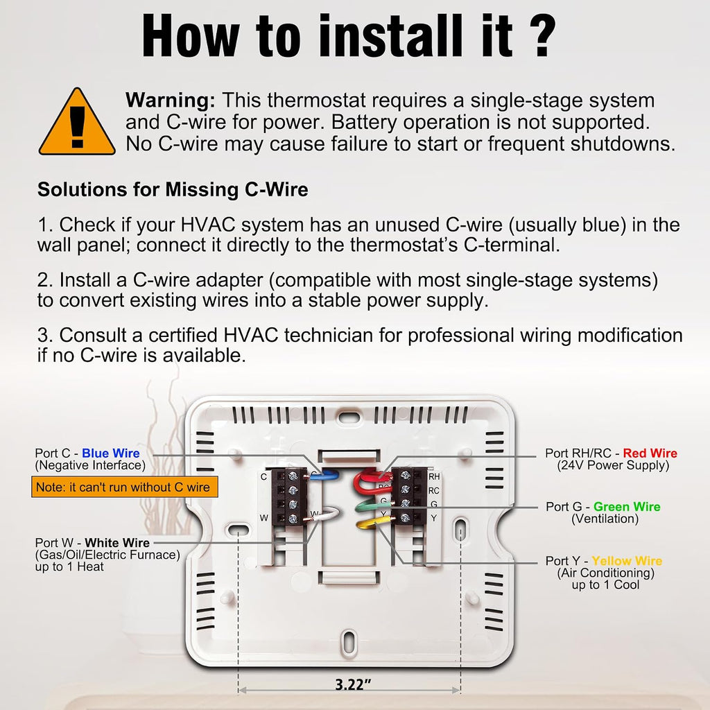 WiFi Thermostat 1 Heat/1 Cool for Home Conventional System | C-Wire Required, APP Remote Control, 7-Day or 0-Day