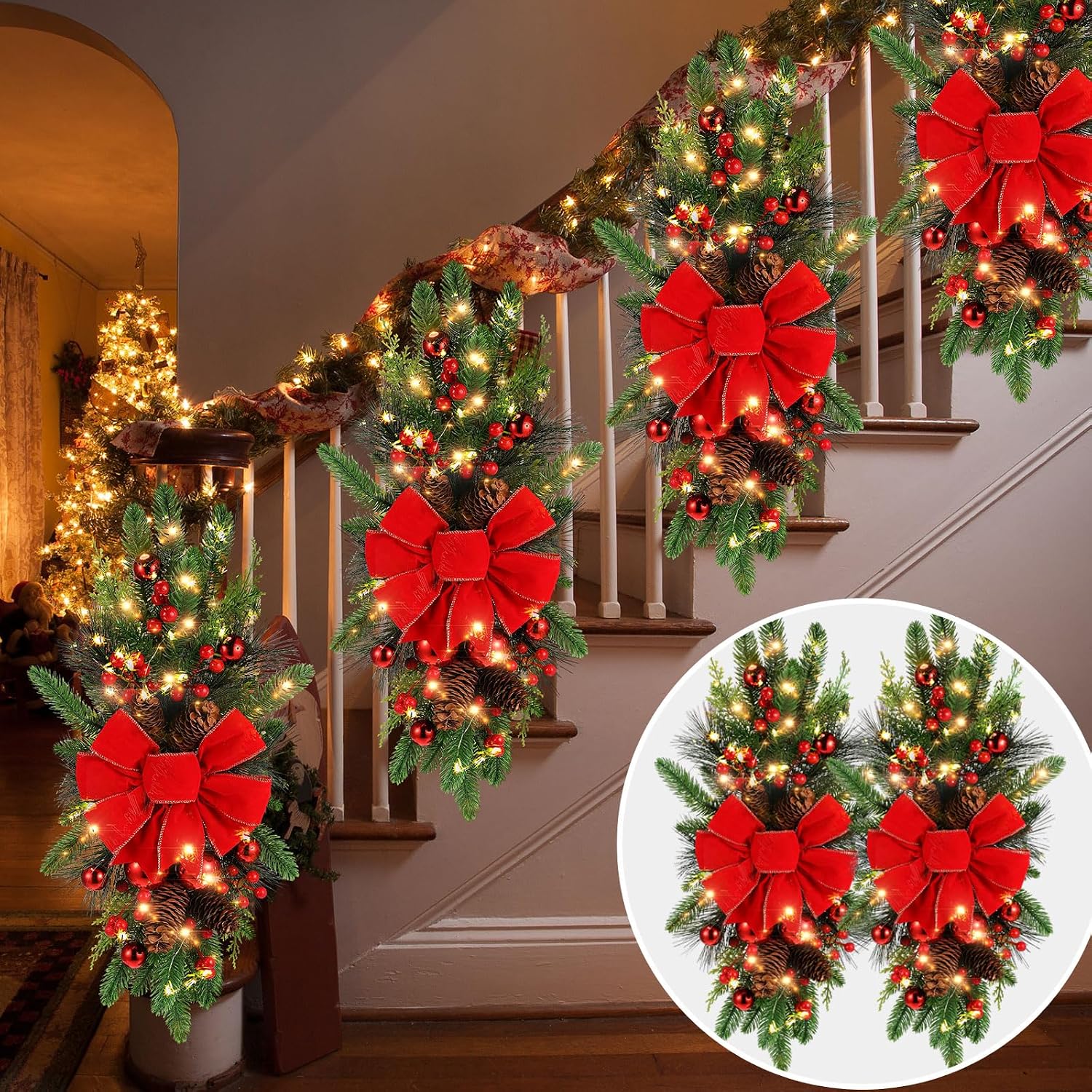 2 Pack Christmas Artificial Swags 24" Xmas The Cordless Prelit Stairway Swag Teardrop Trim Wreath Door Stair Garland