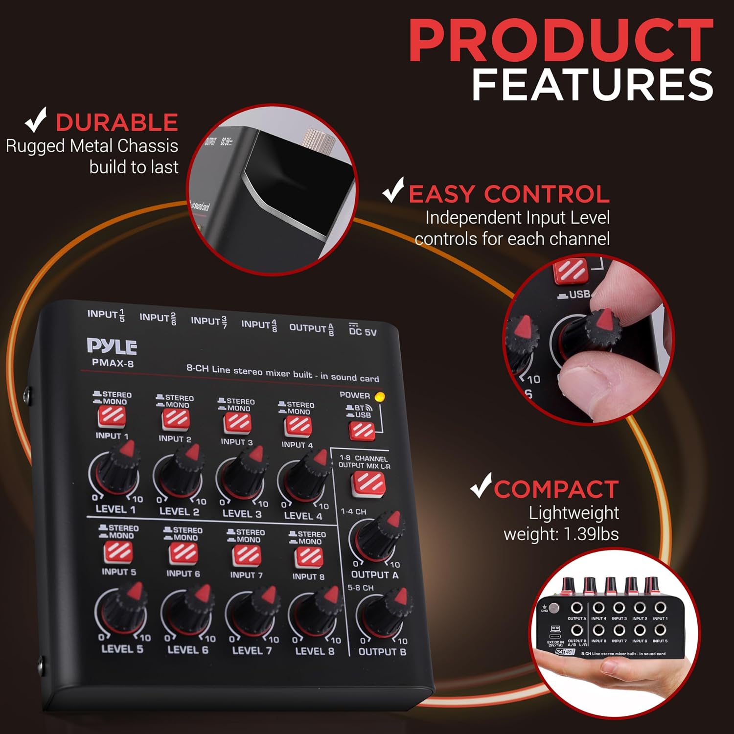 8-Channel Bluetooth Mini Line Mixer with USB Audio Interface - 8 Mono/Stereo Switching Inputs | Ultra-low Noise
