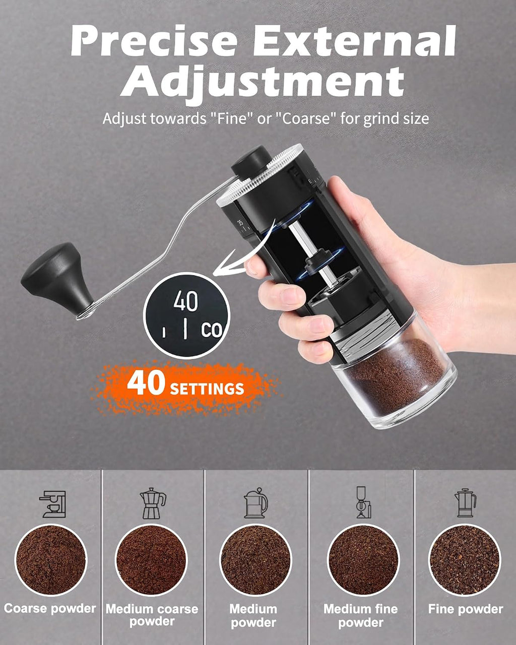 Manual Coffee Grinder With Ceramics Burr For Espresso,French Press,40 Adjustable Settings,Portable Hand Coffee Bean