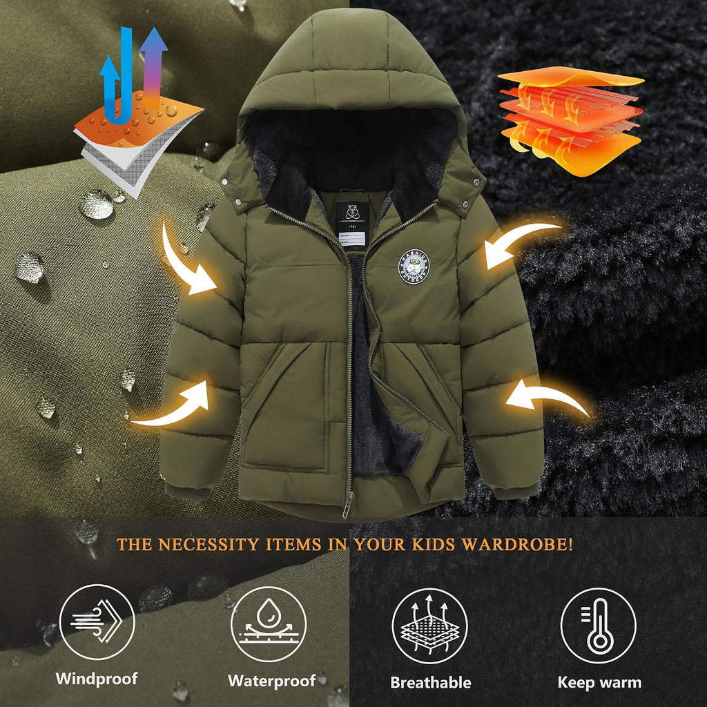 Boy's Waterproof Winter Coat Warm Down Jacket Hooded Puffer Parka | Insulated Fleece-Lined Outerwear for Kids