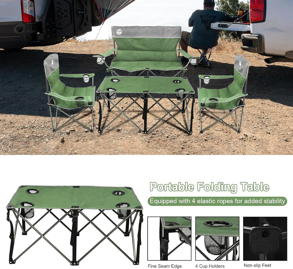 Folding Camping Chair Set of 4, Portable Collapsible Conversation Set w/1 Sofa, 2 Single Chairs, 1 Table for Family