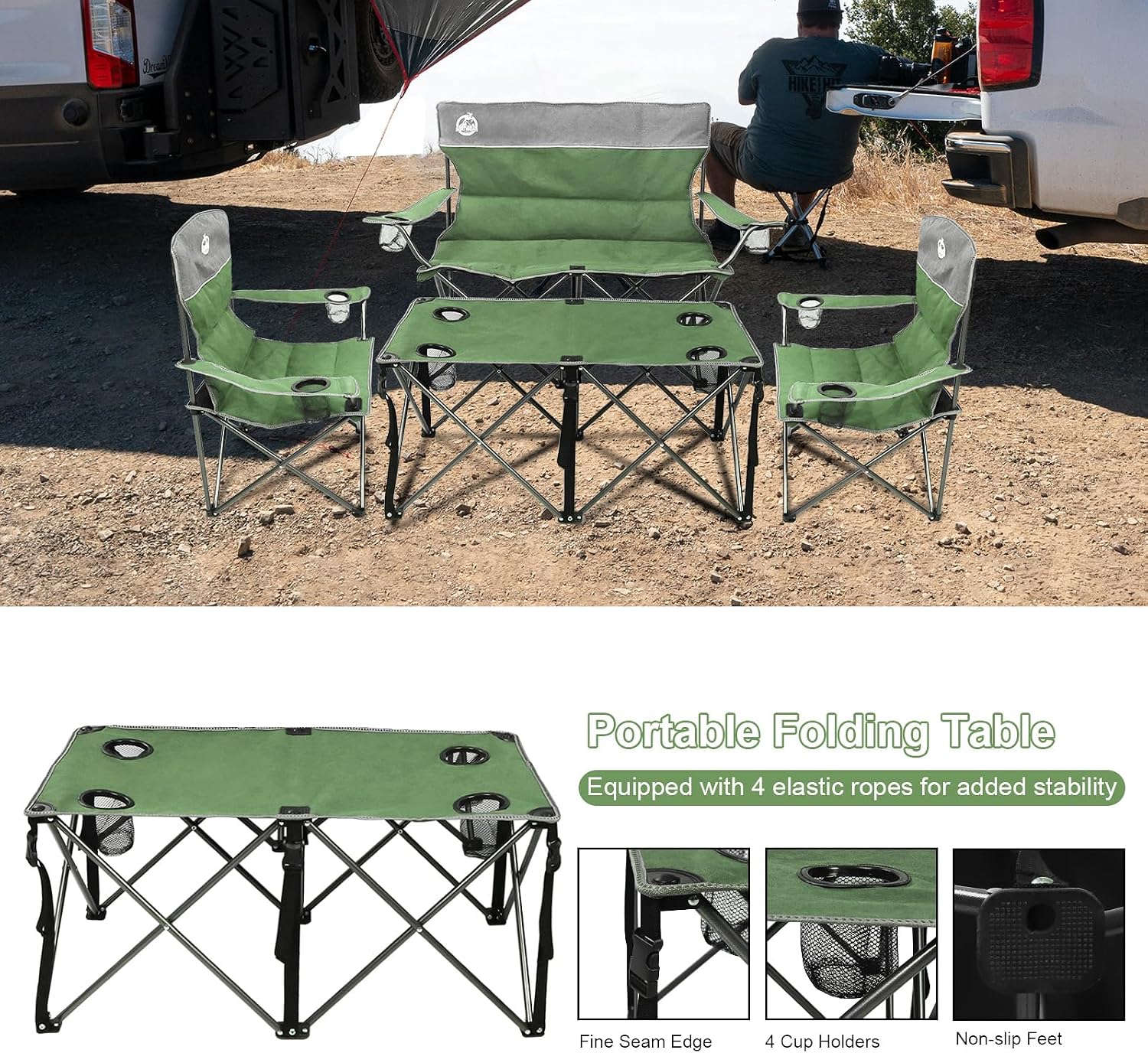 Folding Camping Chair Set of 4, Portable Collapsible Conversation Set w/1 Sofa, 2 Single Chairs, 1 Table for Family