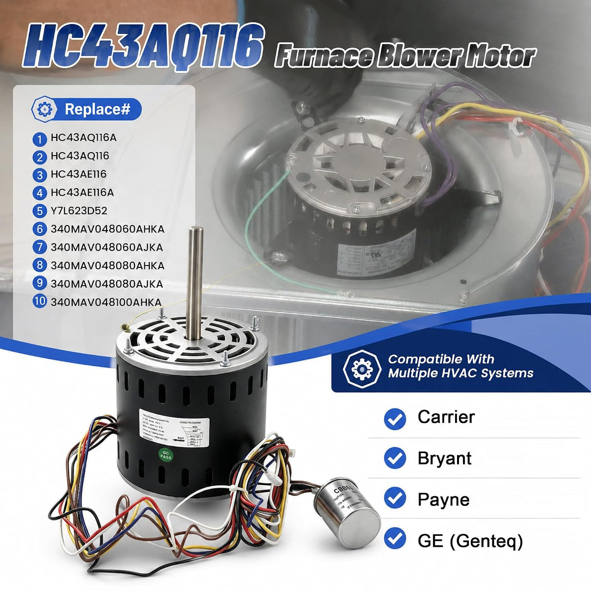 HC43AQ116 Furnace Blower Motor 1/2HP Fit for Carrier Bryant Payne GE Genteq