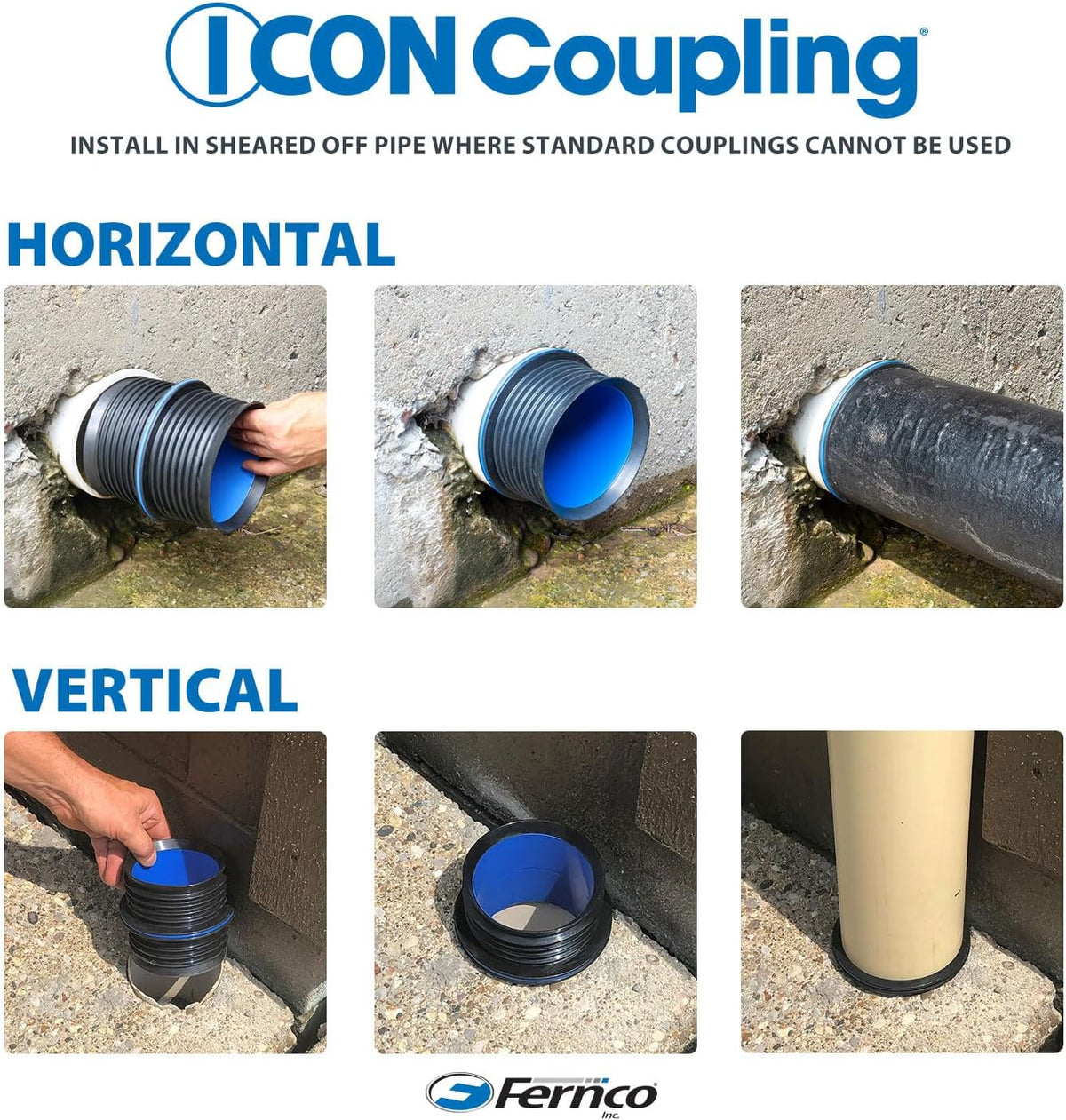 New Fernco 4" ICON Pushfit DWV Internal Coupling Sheared Off Pipe Connector, Plastic, Cast Iron and Copper