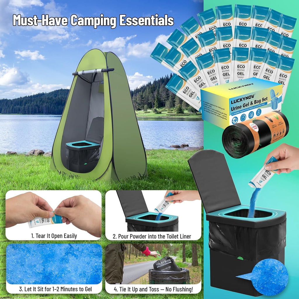 25 Portable Toilet Bags with 25 Poo Gels, 8 Gallon Leak-Proof Camping Toilet Waste Bags – Absorbent Gel Value Pack