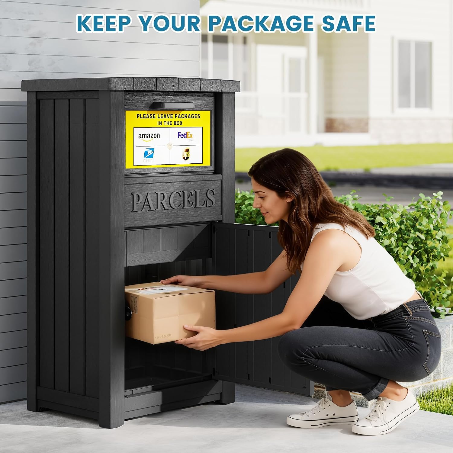 Package Delivery Box for Outside, Parcel Drop Box, Black, 60 Gallon | Large, Lockable & Weatherproof, Anti-Theft