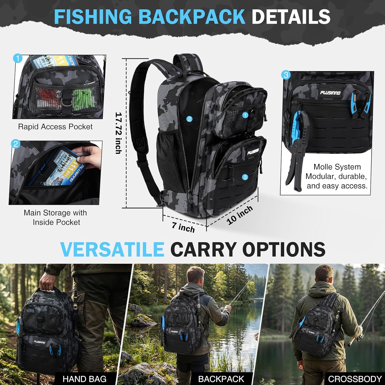 Fishing Gear, Fishing Backpack with Tackle Box, Waterproof tackle Backpack with Rod Holders, Lures, Tools, Pliers &