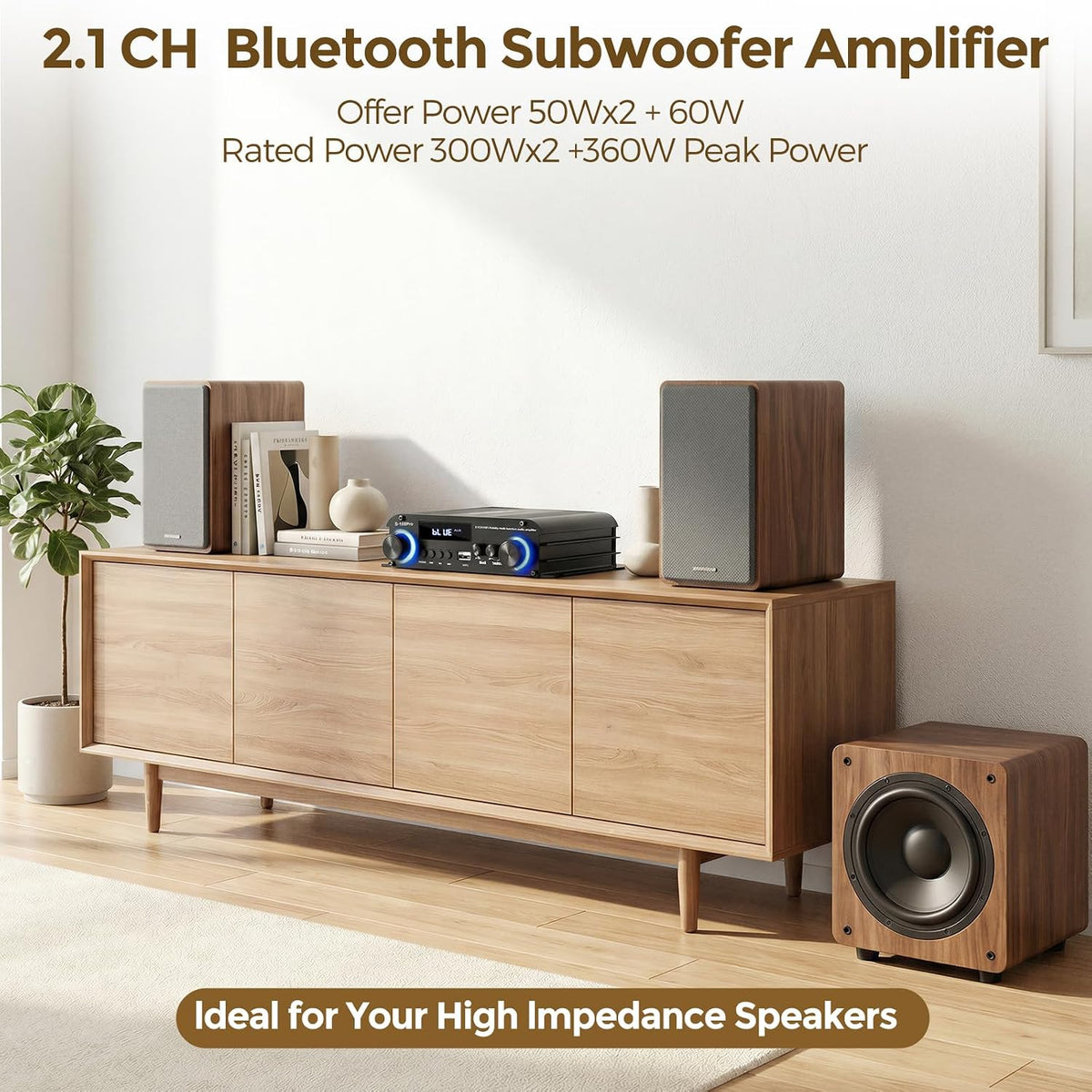 2.1 Channel Stereo Audio Amplifier, 300Wx2+360W Home Audio Stereo Receiver Bluetooth 5.0 with USB/AUX, Remote, Bass