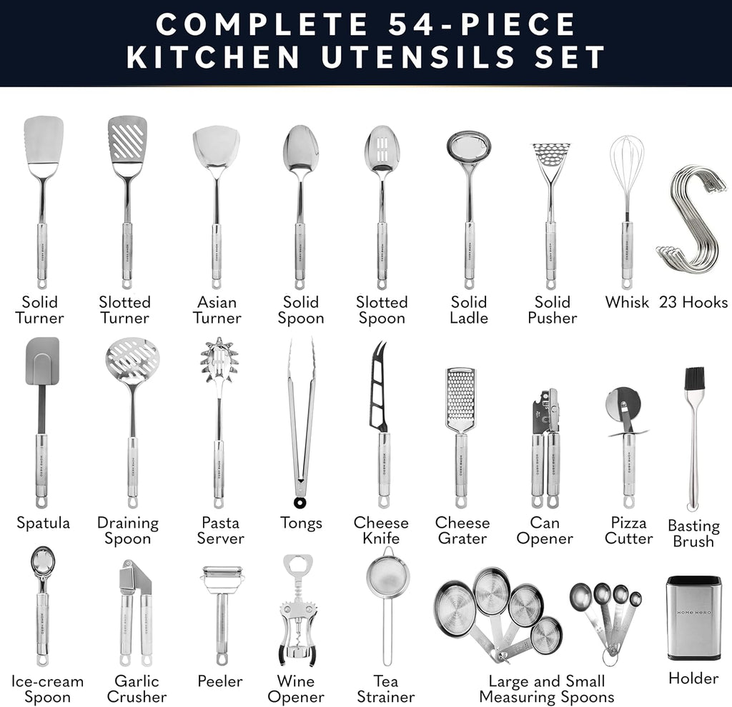 54-Piece Stainless Steel Kitchen Utensils Set - Heat-Resistant Nonstick Silicone & Stainless Steel Cooking Utensils