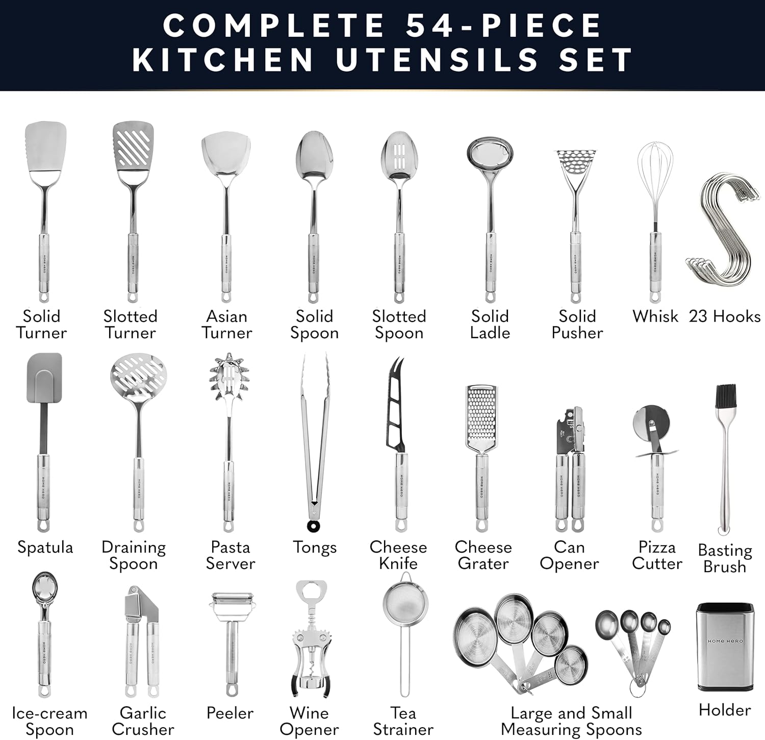 54-Piece Stainless Steel Kitchen Utensils Set - Heat-Resistant Nonstick Silicone & Stainless Steel Cooking Utensils