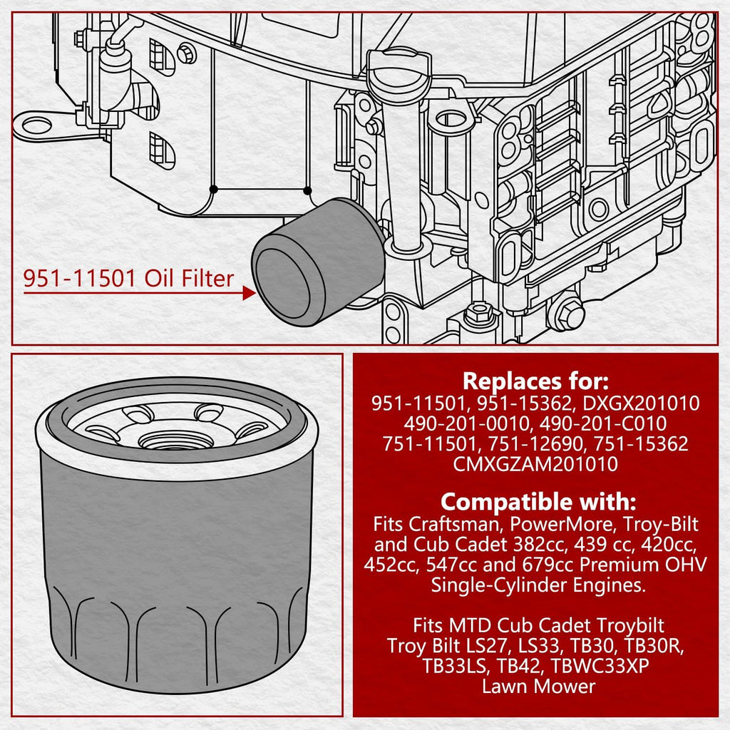 951-11501 Oil Filter for MTD Cub Cadet Troybilt 951-15362 751-15362 951-12690 Fits for LS27 LS33 TB30 TB30R TB33LS TB42 TBWC33XP Lawn Mower