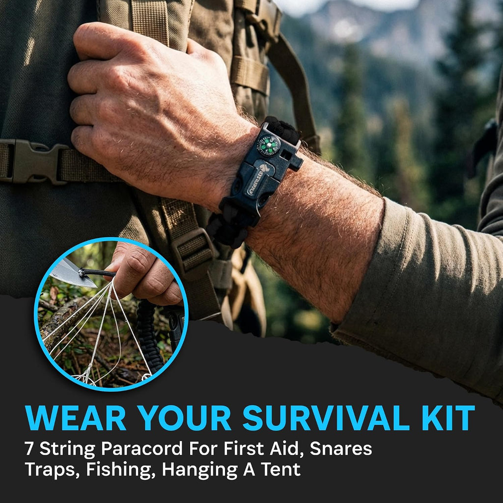 Paracord Bracelet Compass Hiking Survival Kit Emergency Whistle Fire Starter Camping Gear Hiking Essentials Fishing